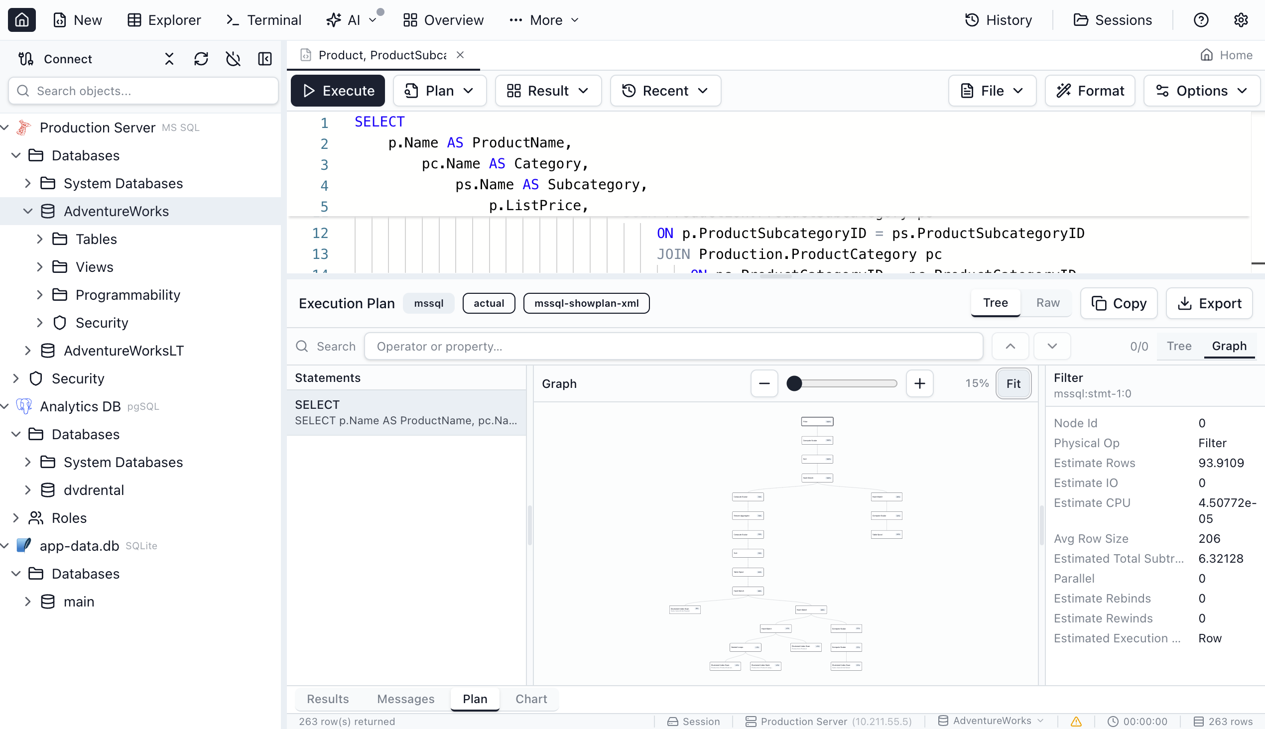 Execution Plan Viewer in Jam SQL Studio showing tree view with operator cost breakdown