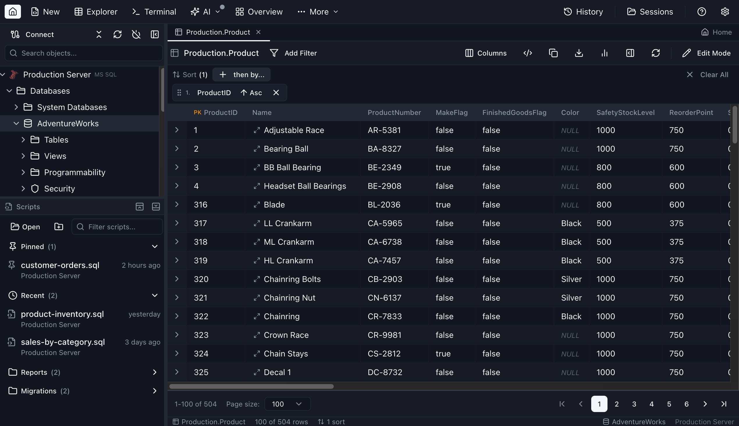 Table Explorer in Jam SQL Studio showing data grid with filtering and sorting
