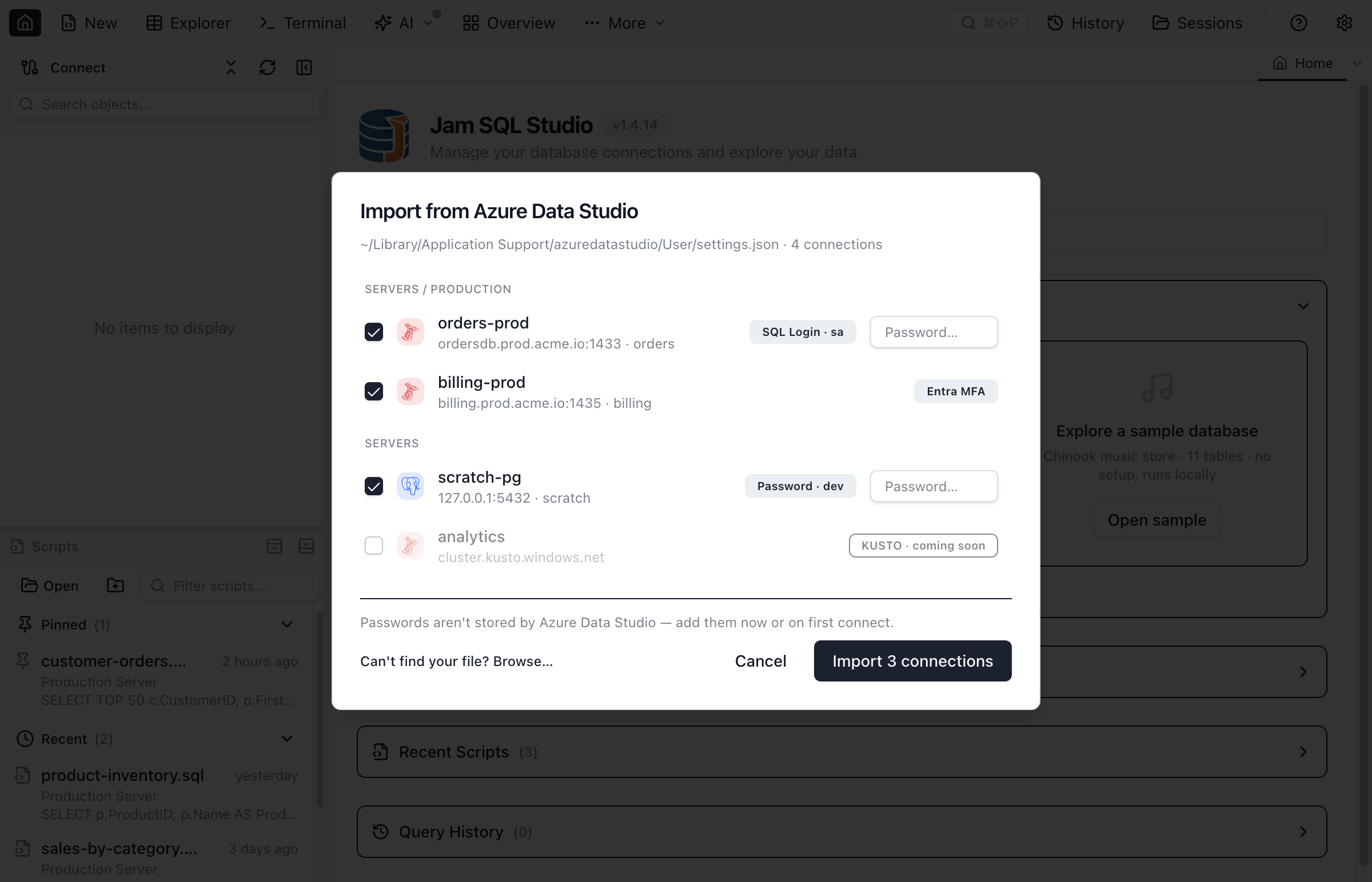 The Import from Azure Data Studio dialog in Jam SQL Studio listing detected SQL Server and PostgreSQL connections grouped by their ADS connection groups, each with an auth badge and checkbox, with an Import 3 connections button.
