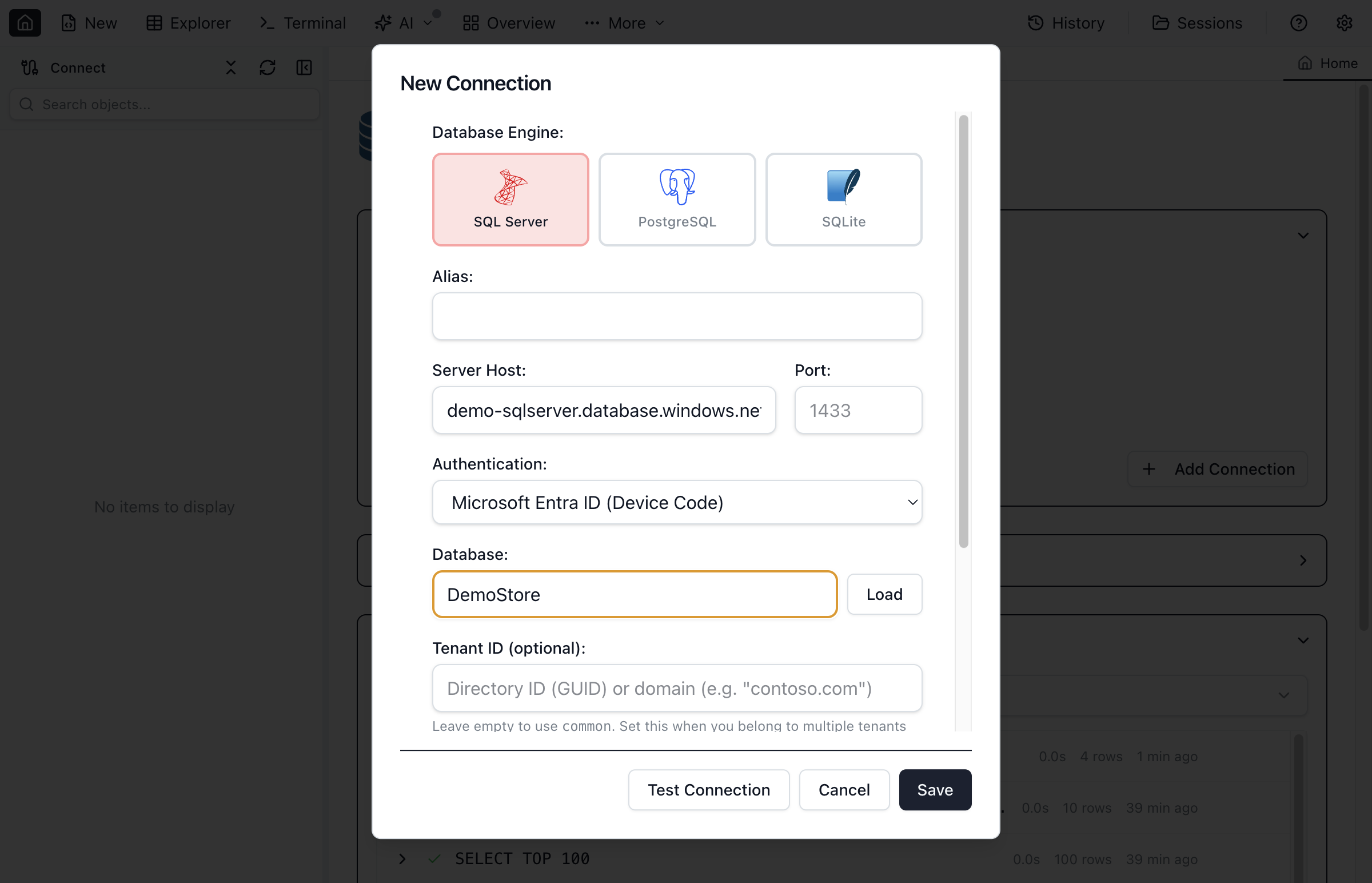 Creating a new SQL Server connection in Jam SQL Studio with the same settings as Azure Data Studio.