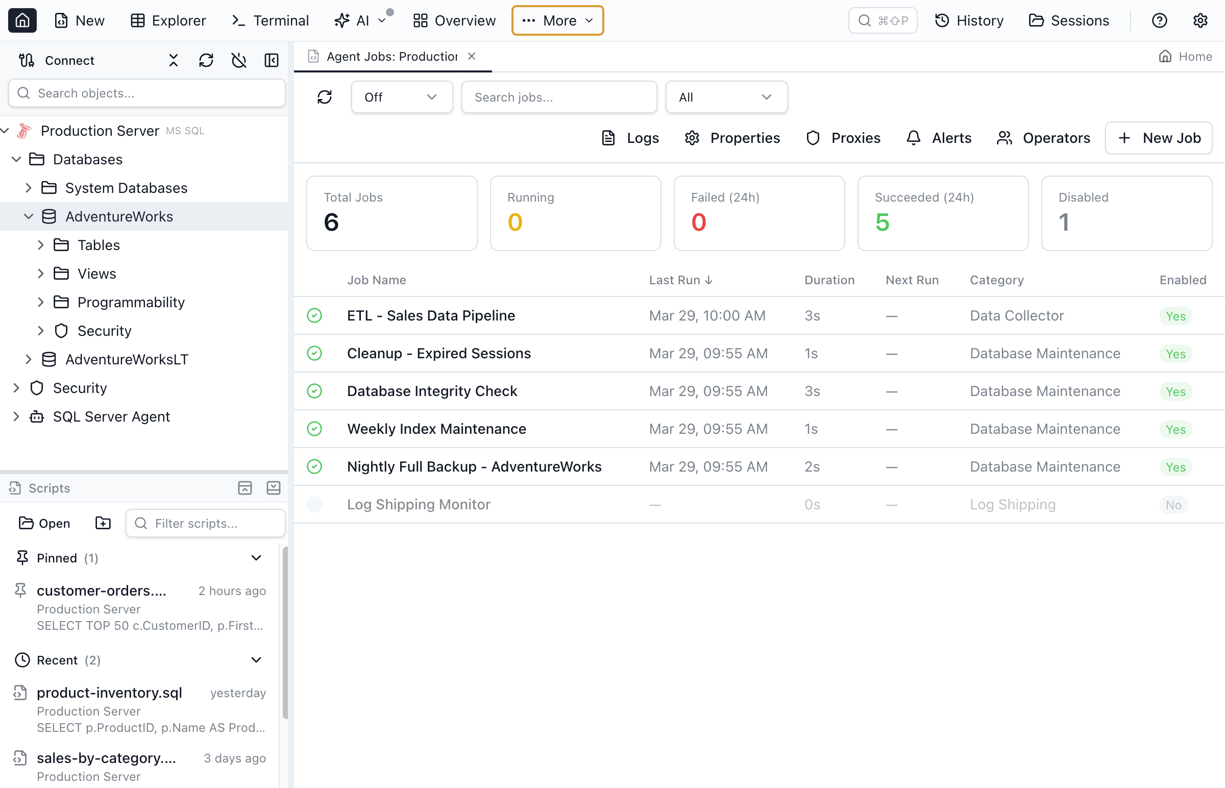 Agent Jobs Manager dashboard showing a grid of SQL Server Agent jobs with status, last run, next run, and category columns