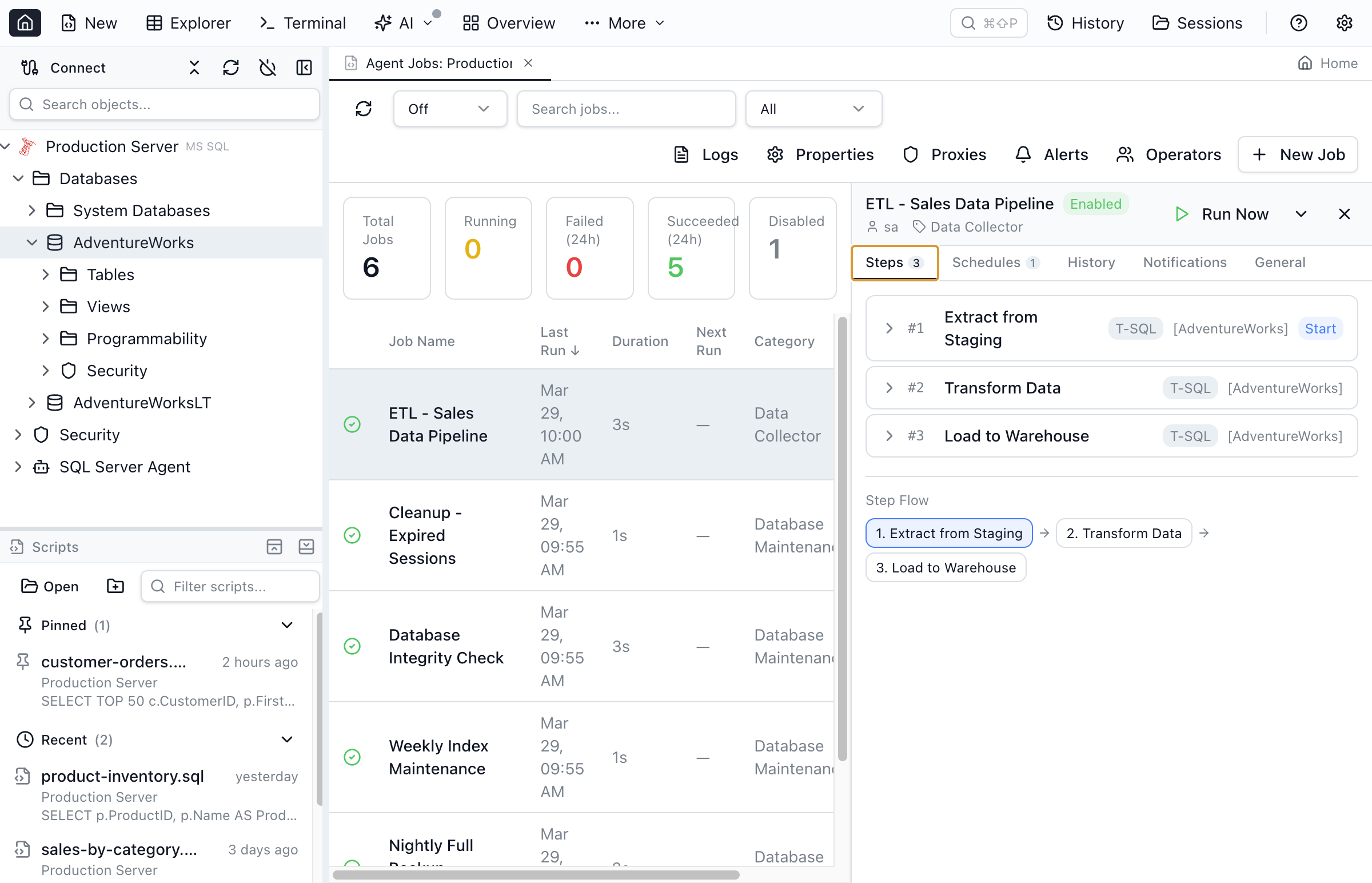 Job editor showing multi-step configuration with T-SQL command editor and schedule settings