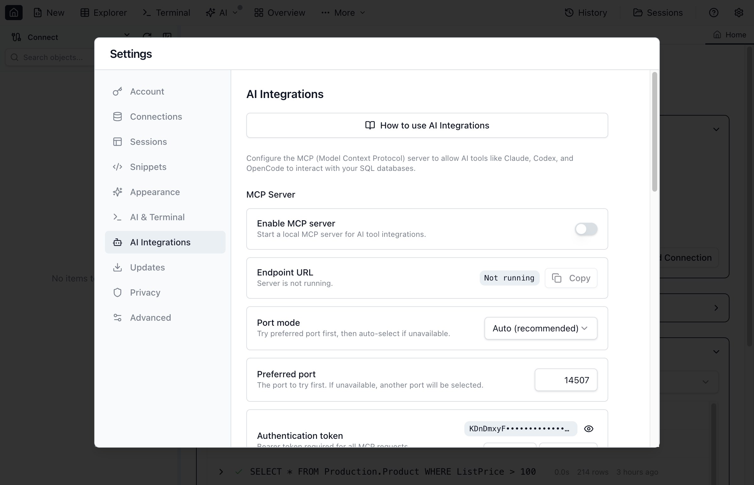 The AI Integrations settings panel showing MCP server configuration, endpoint URL, and token management.