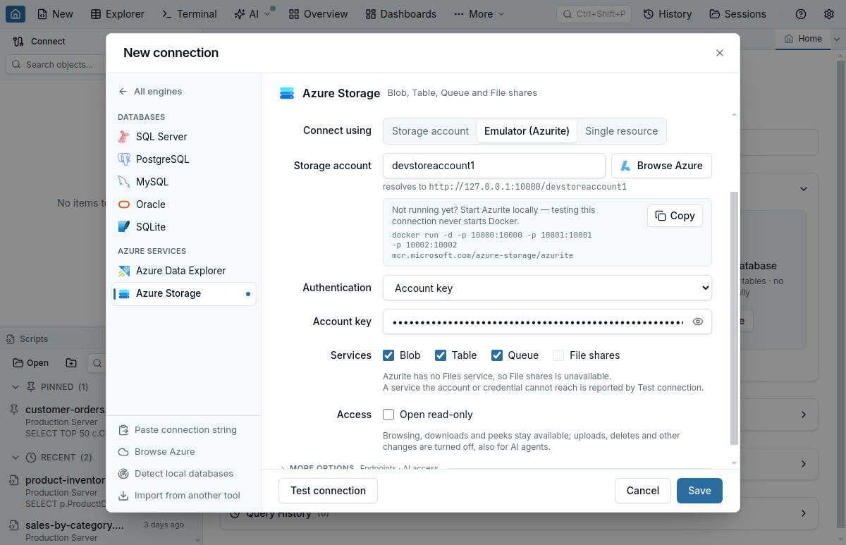 The New Connection dialog on the Azure Storage form with Connect using set to Emulator (Azurite): the devstoreaccount1 account, a copyable docker run command for Azurite, Account key authentication with the key masked, and the Blob, Table and Queue service checkboxes (Azurite has no File shares service)