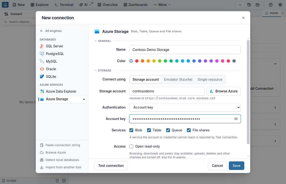 The New Connection dialog on the Azure Storage form with Connect using set to Storage account, Emulator (Azurite) or Single resource, the Storage account field with its Browse Azure button, Account key authentication with the key masked, and Blob, Table, Queue and File shares service checkboxes