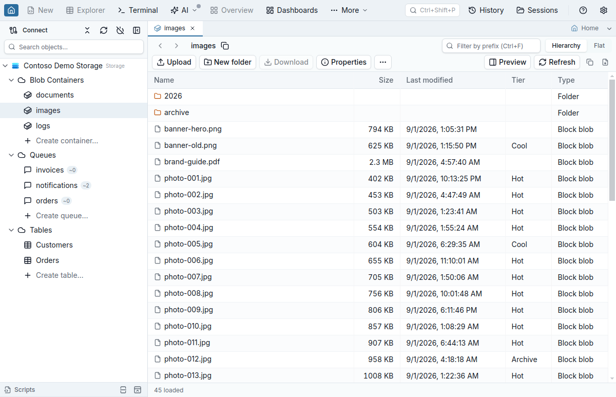 Jam SQL Studio with the Contoso Demo Storage connection expanded in the Object Explorer into Blob Containers, Queues with approximate message counts, and Tables, and the images container open in the storage browser listing two virtual folders above block blobs with their size, last modified time and access tier