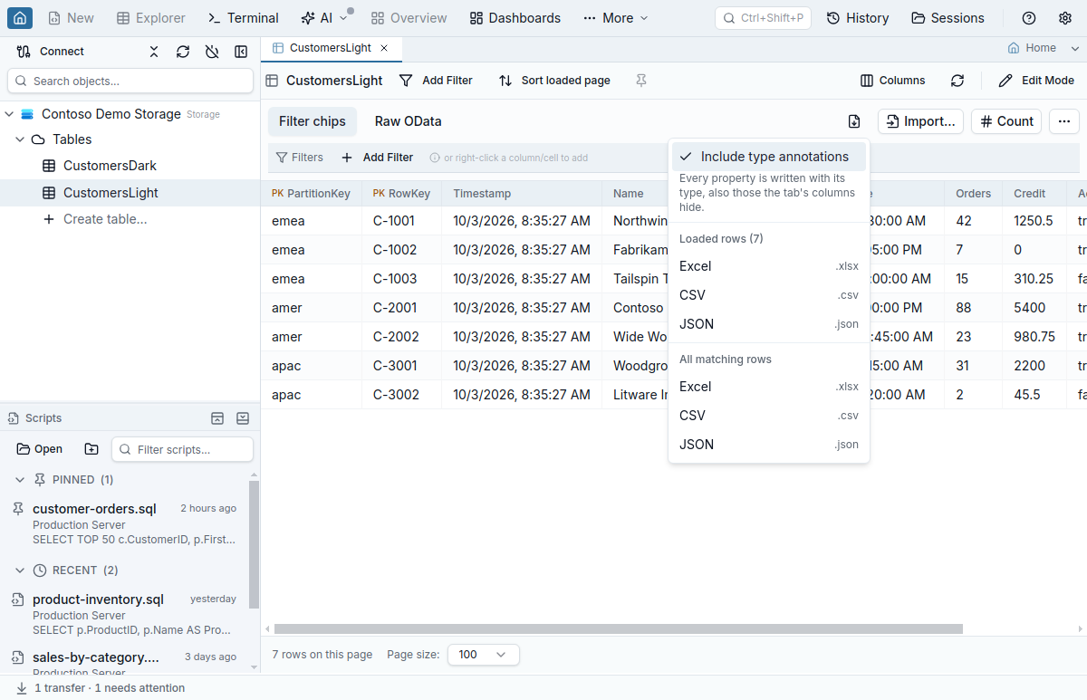 The entity export menu of a table tab with Include type annotations ticked, a note that every property is written with its type, and below it Loaded rows and All matching rows, each with Excel, CSV and JSON.