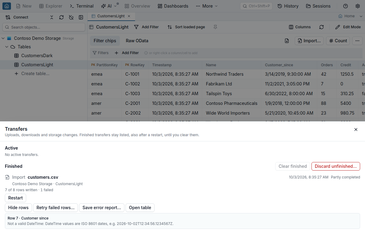 The Transfers drawer with the import of customers.csv partly completed: 7 of 8 rows written, 1 failed, with Restart, Hide rows, Retry failed rows, Save error report and Open table; row 7 names the column Customer since and why its value is not a DateTime.