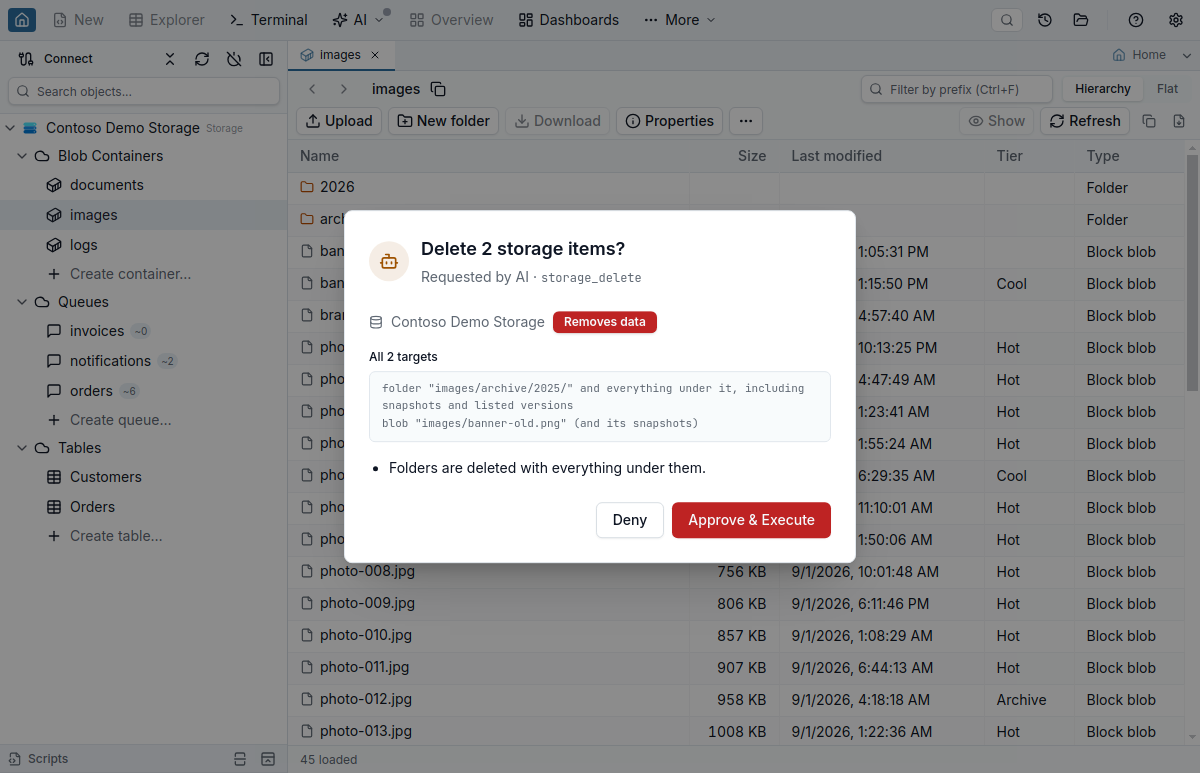 The Azure Storage approval dialog for an AI agent's storage_delete request, headed Delete 2 storage items?, naming the connection with a Removes data badge and listing each target once: a folder with everything under it including snapshots and listed versions, and a blob with its snapshots, above Deny and Approve & Execute buttons