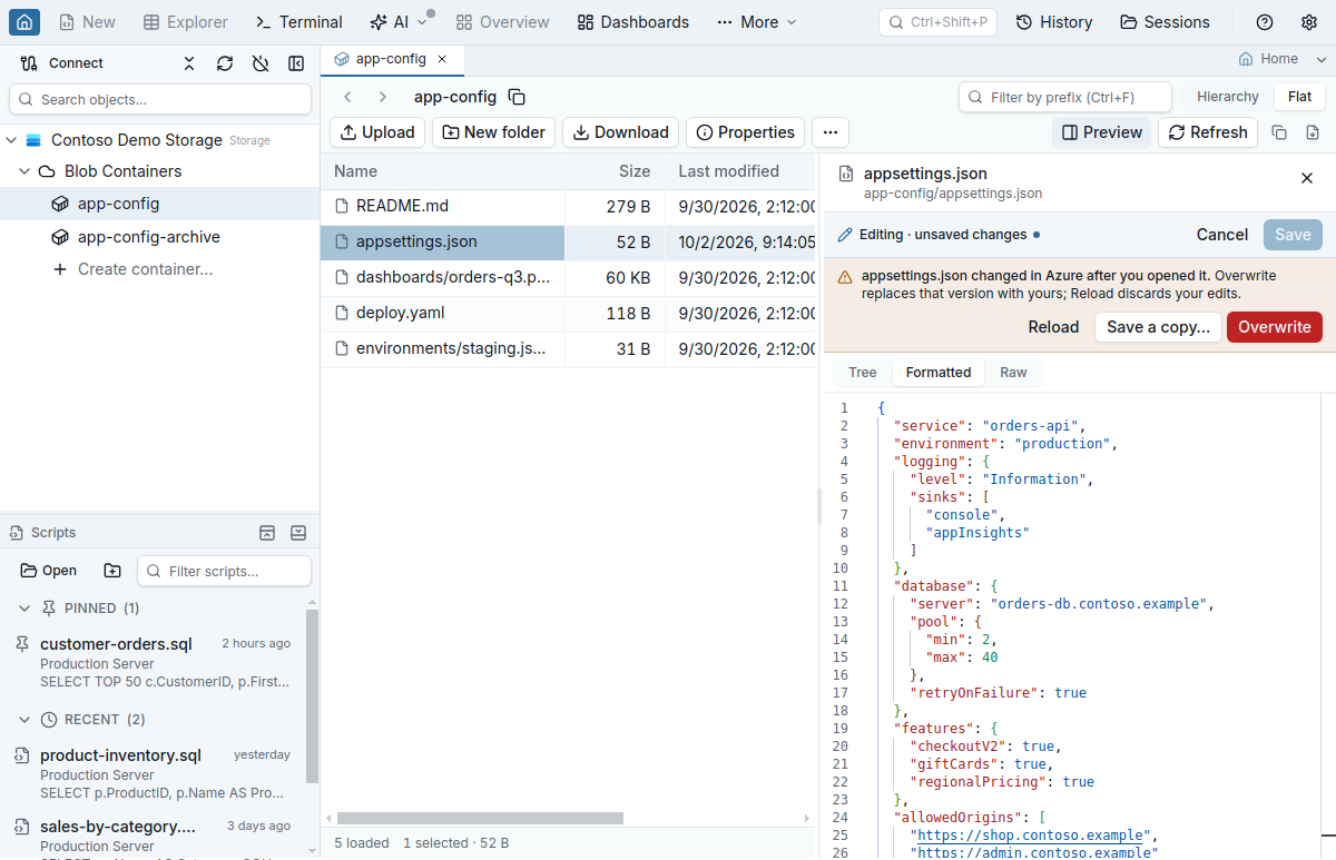 The preview pane after Save found that appsettings.json changed in Azure since it was opened: a notice with Reload, Save a copy and Overwrite above the edited JSON.