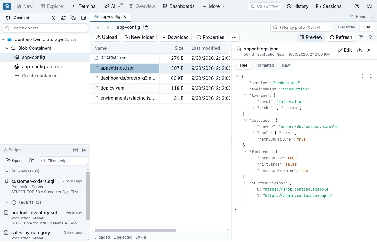 Jam SQL Studio's storage browser with the preview pane open next to the list: appsettings.json selected, its JSON shown as an expandable tree with Tree, Formatted and Raw views, and Edit, Download and Close in the pane header