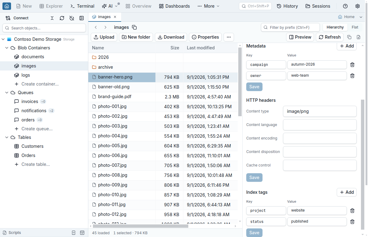 The storage browser with the Properties panel open on the selected banner-hero.png, scrolled to its Metadata (campaign, owner), HTTP headers (content type image/png) and Index tags (project, status), the metadata and tags in Key and Value tables with a remove button on each row, and each section with its own Save button