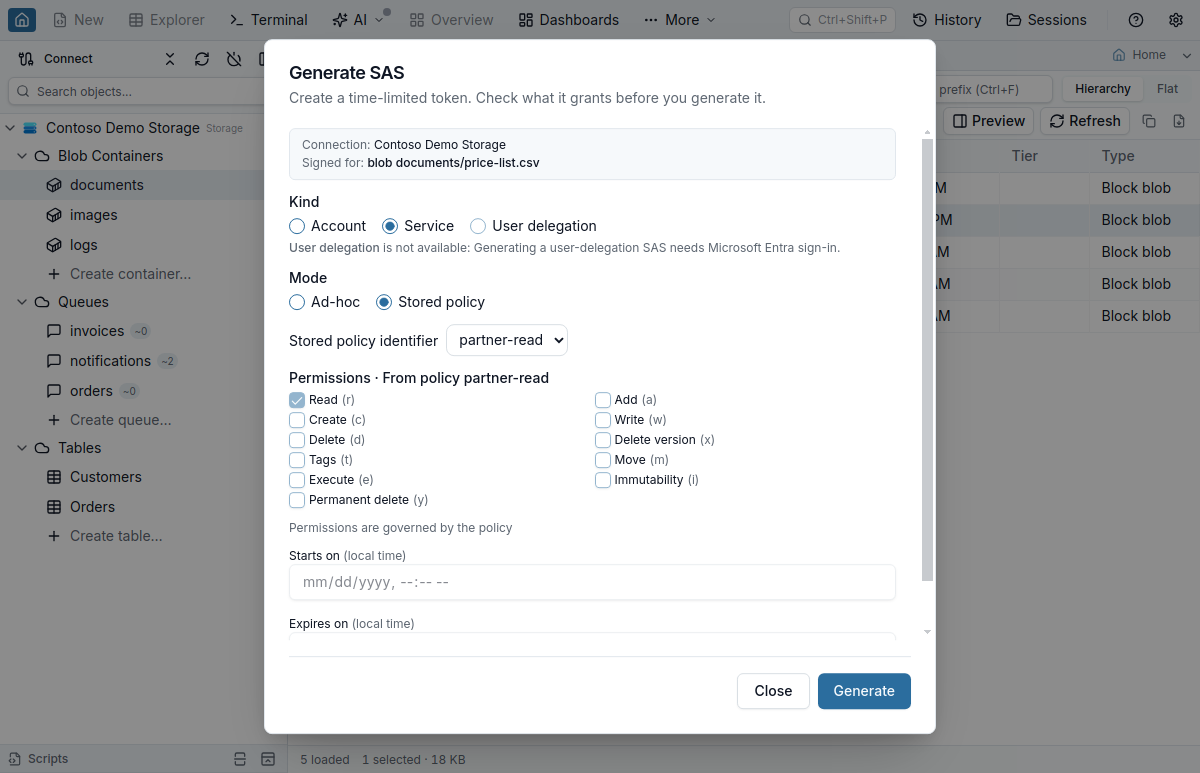 The Generate SAS dialog for the blob documents/price-list.csv: the connection and the blob the token is signed for at the top, Kind set to Service with the reason User delegation is unavailable under it, Mode set to Stored policy with the partner-read identifier chosen, and the permission checkboxes locked under Permissions from policy partner-read, with Read ticked and the note that permissions are governed by the policy
