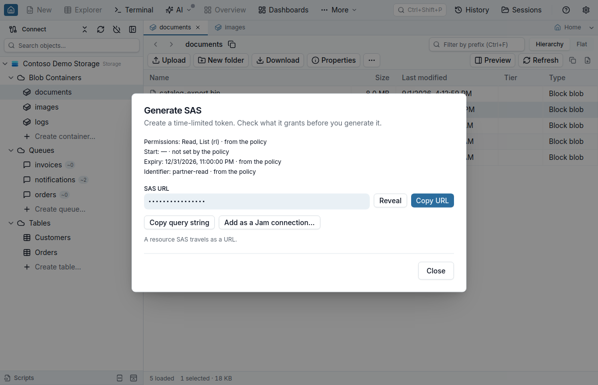 The Generate SAS result for a stored-policy SAS: the permissions Read, List (rl), the expiry in local time and the identifier partner-read each marked as coming from the policy, the SAS URL masked with Reveal and Copy URL beside it, and Copy query string and Add as a Jam connection buttons
