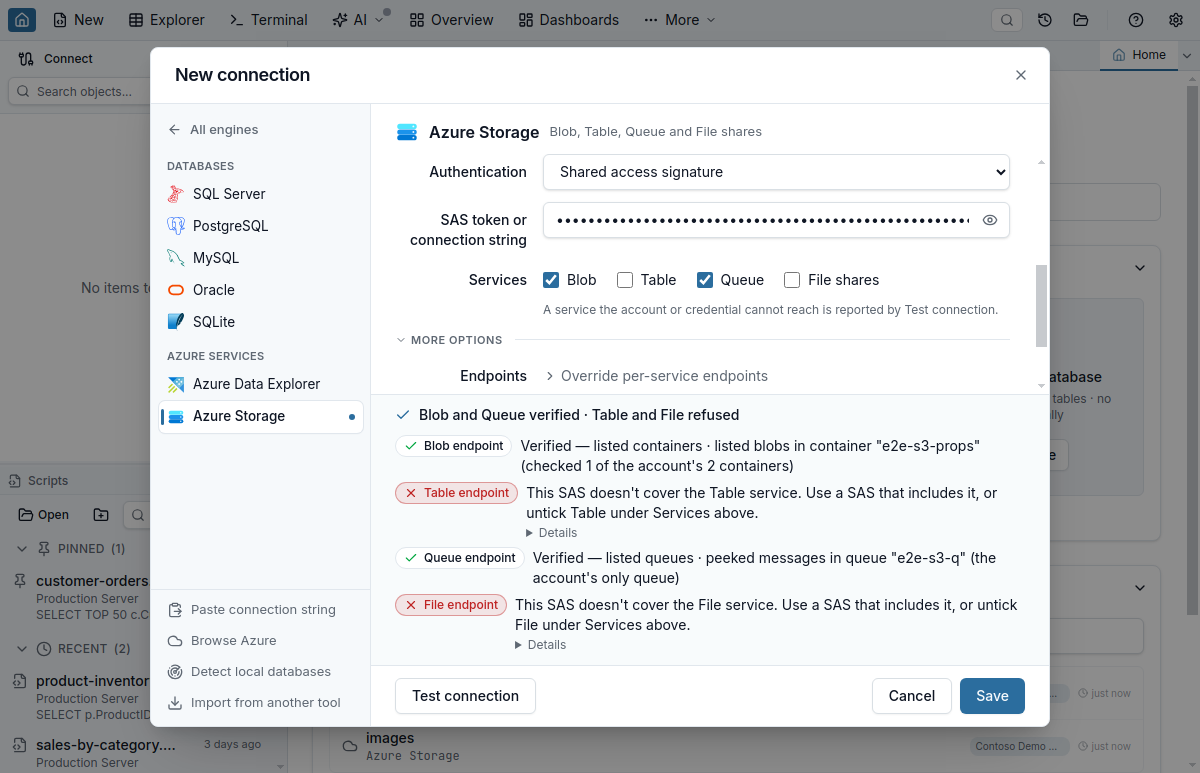 The Test connection result for an Azure Storage connection signed in with a shared access signature that covers Blob and Queue only: Blob and Queue verified with the container and queue each one read, Table and File refused because the SAS does not cover them, and those two services unticked under Services.