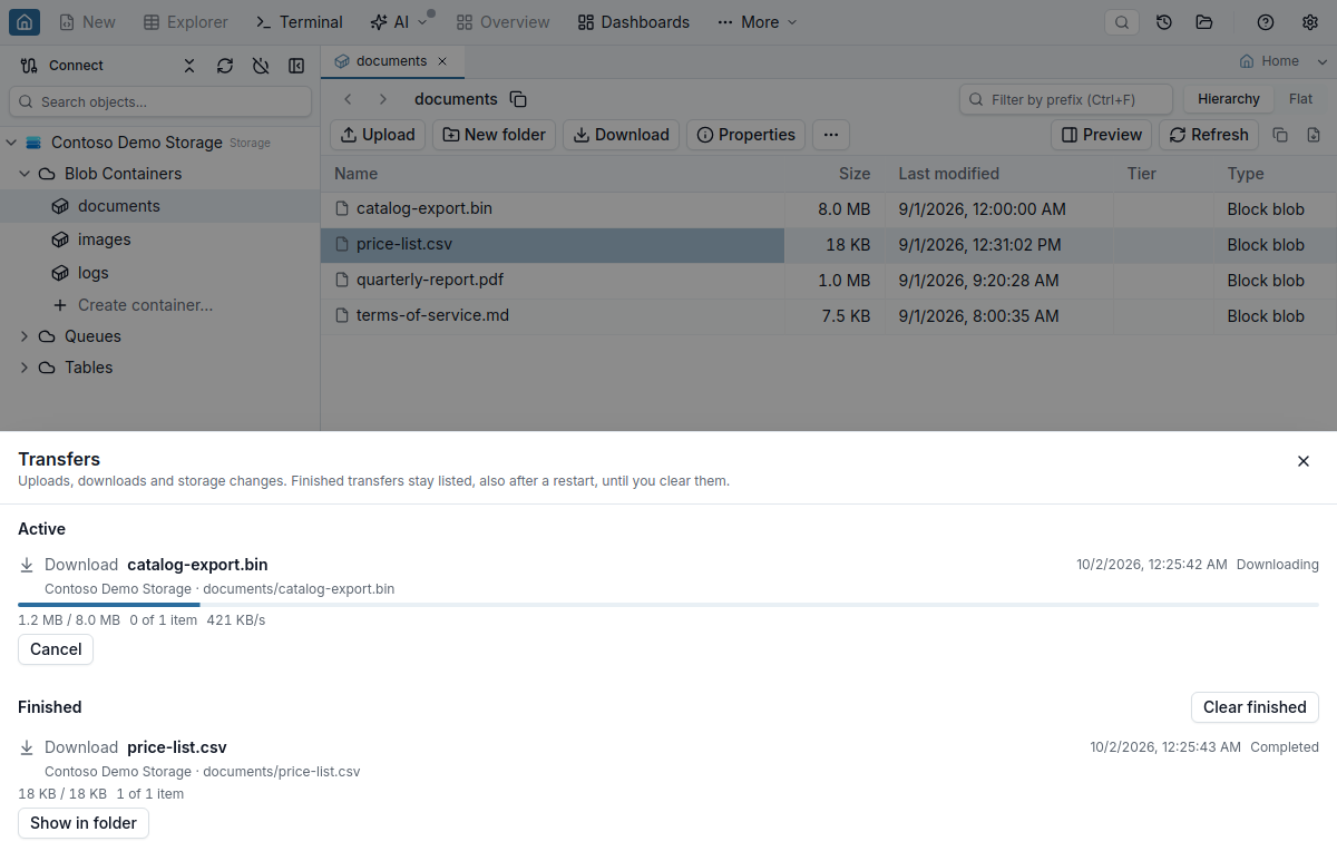 The Transfers drawer below the documents container: under Active, a running download of catalog-export.bin with its progress bar, bytes, item count, throughput and Cancel; under Finished, with Clear finished, a completed download of price-list.csv with Show in folder.
