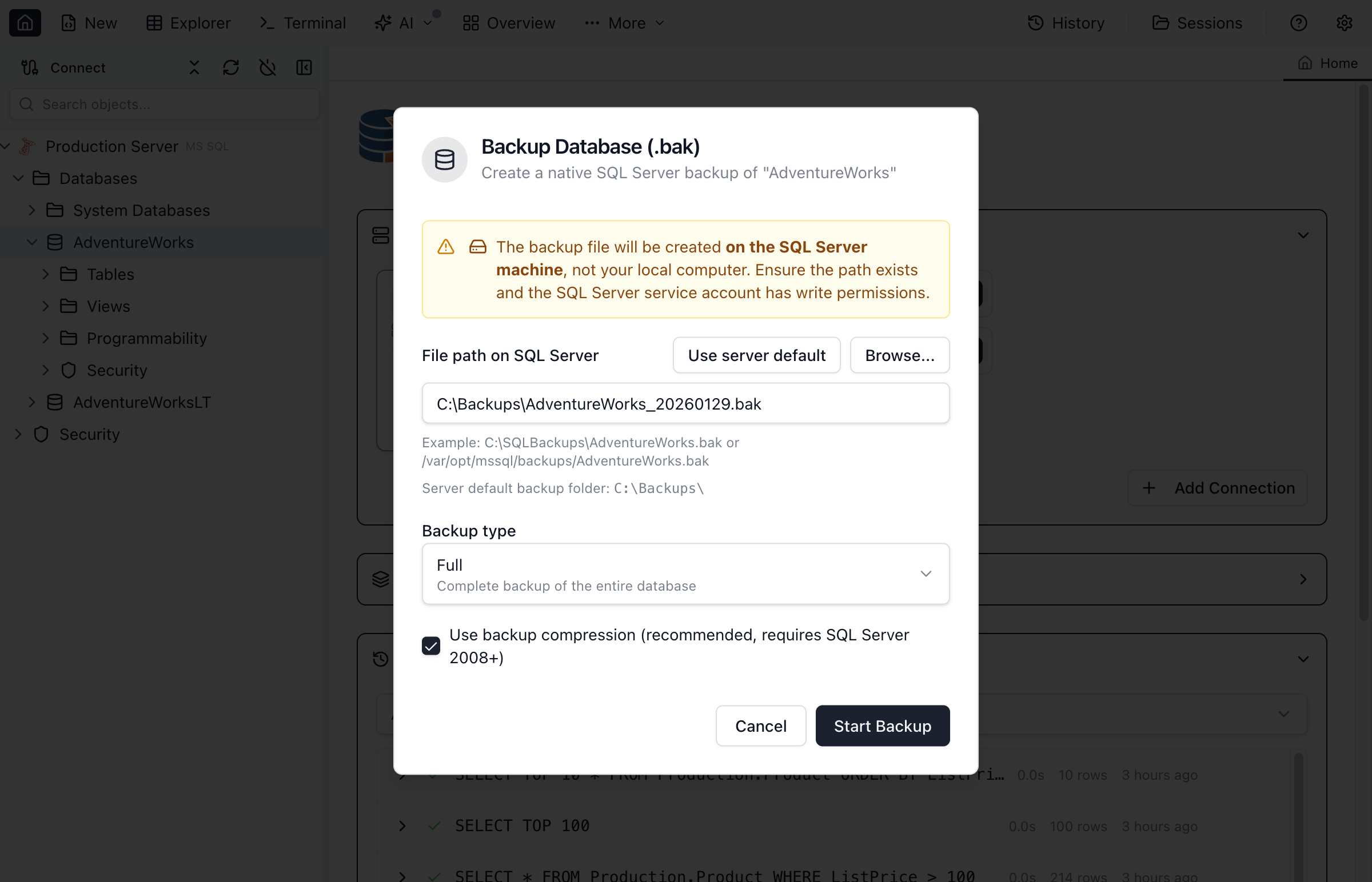 SQL Server backup dialog with backup type and destination options.