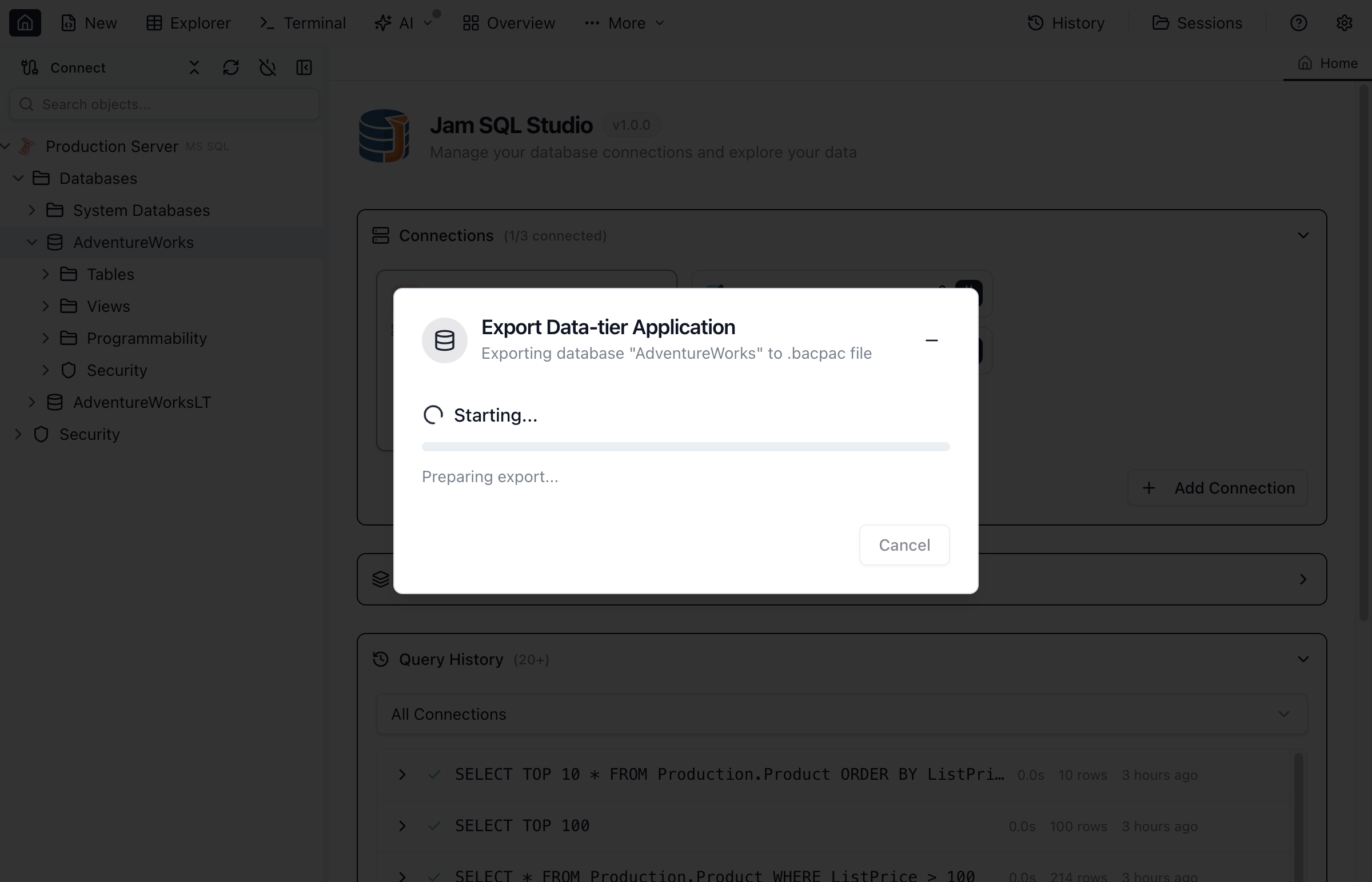 Export BACPAC dialog showing file destination and table selection options.
