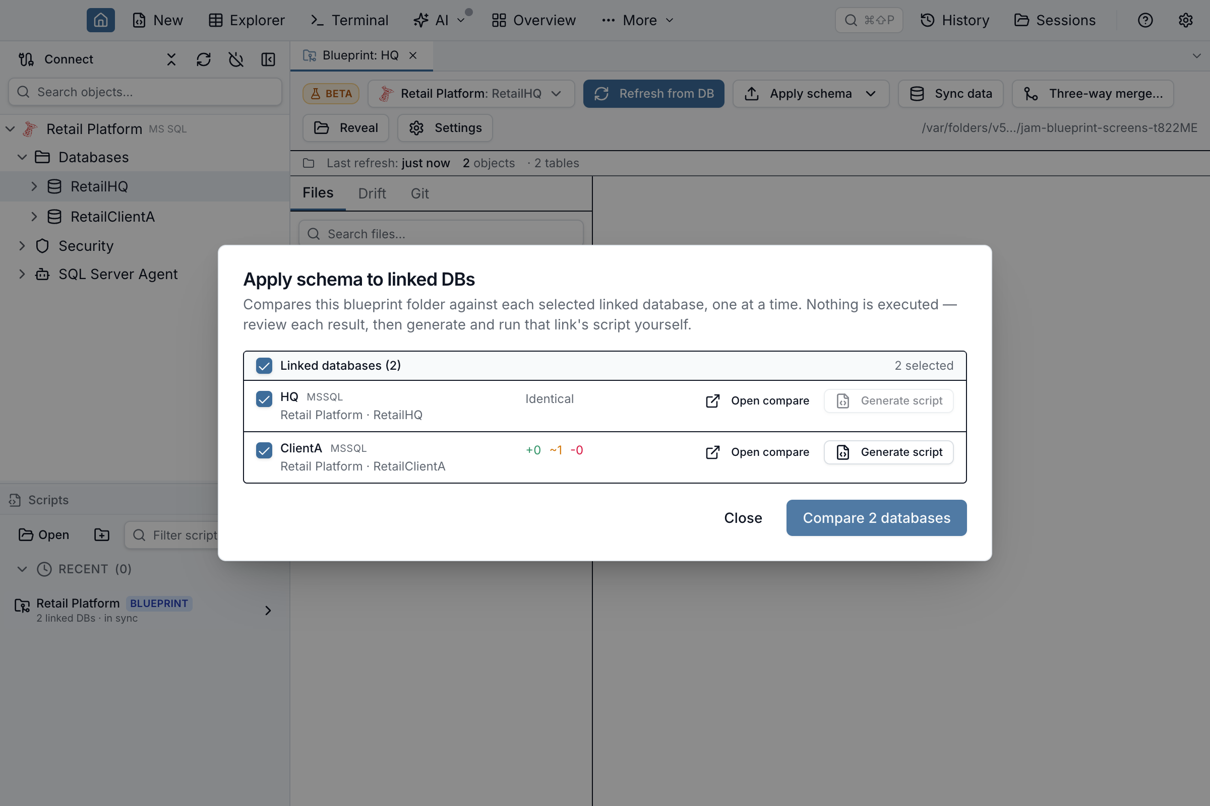 Database Blueprint “Apply schema to linked DBs” dialog listing two linked databases with checkboxes, one row reporting an identical comparison and the other reporting an added table and a modified column, each with Open compare and Generate script actions