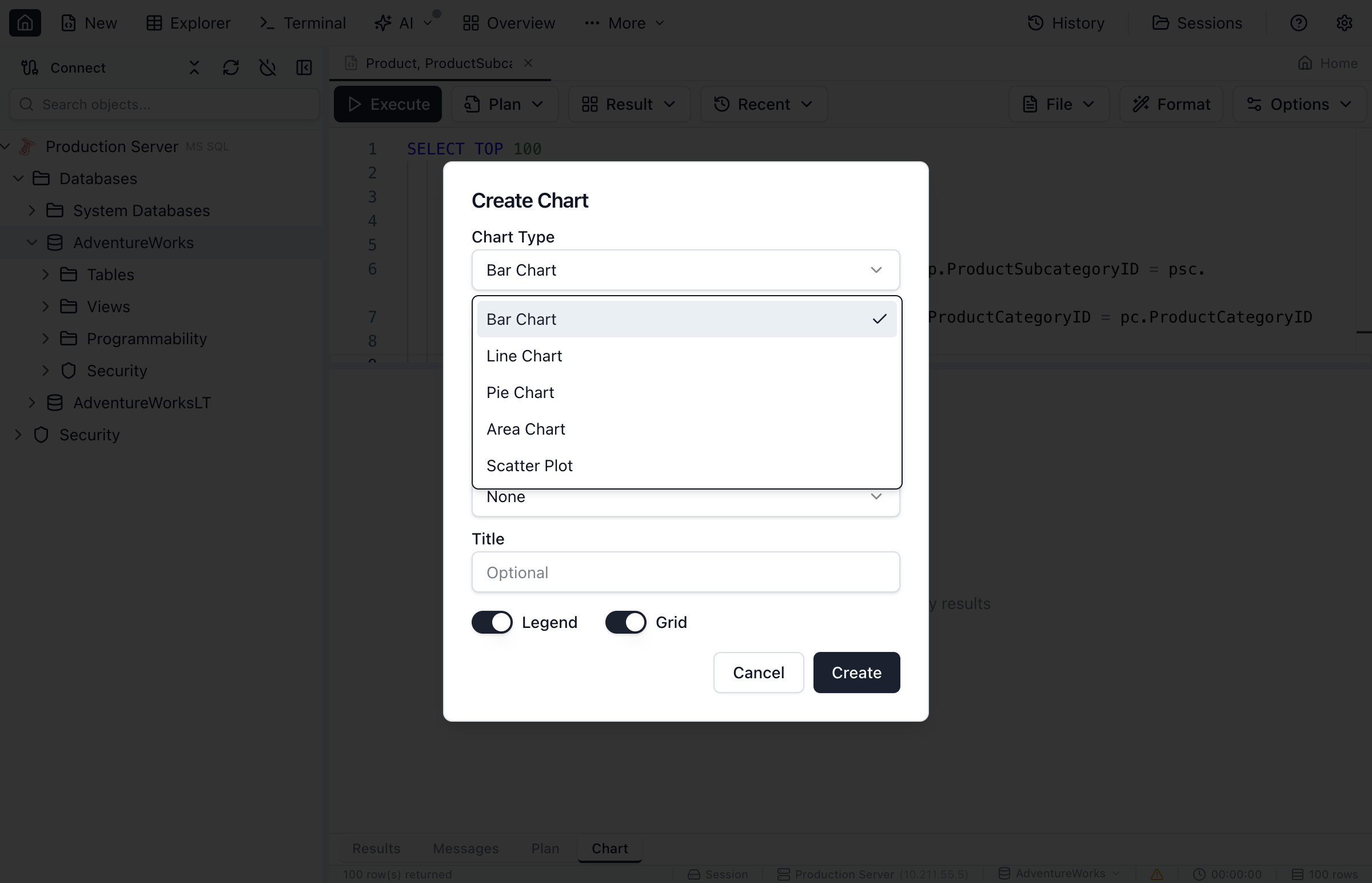 Chart type selector showing available chart options.