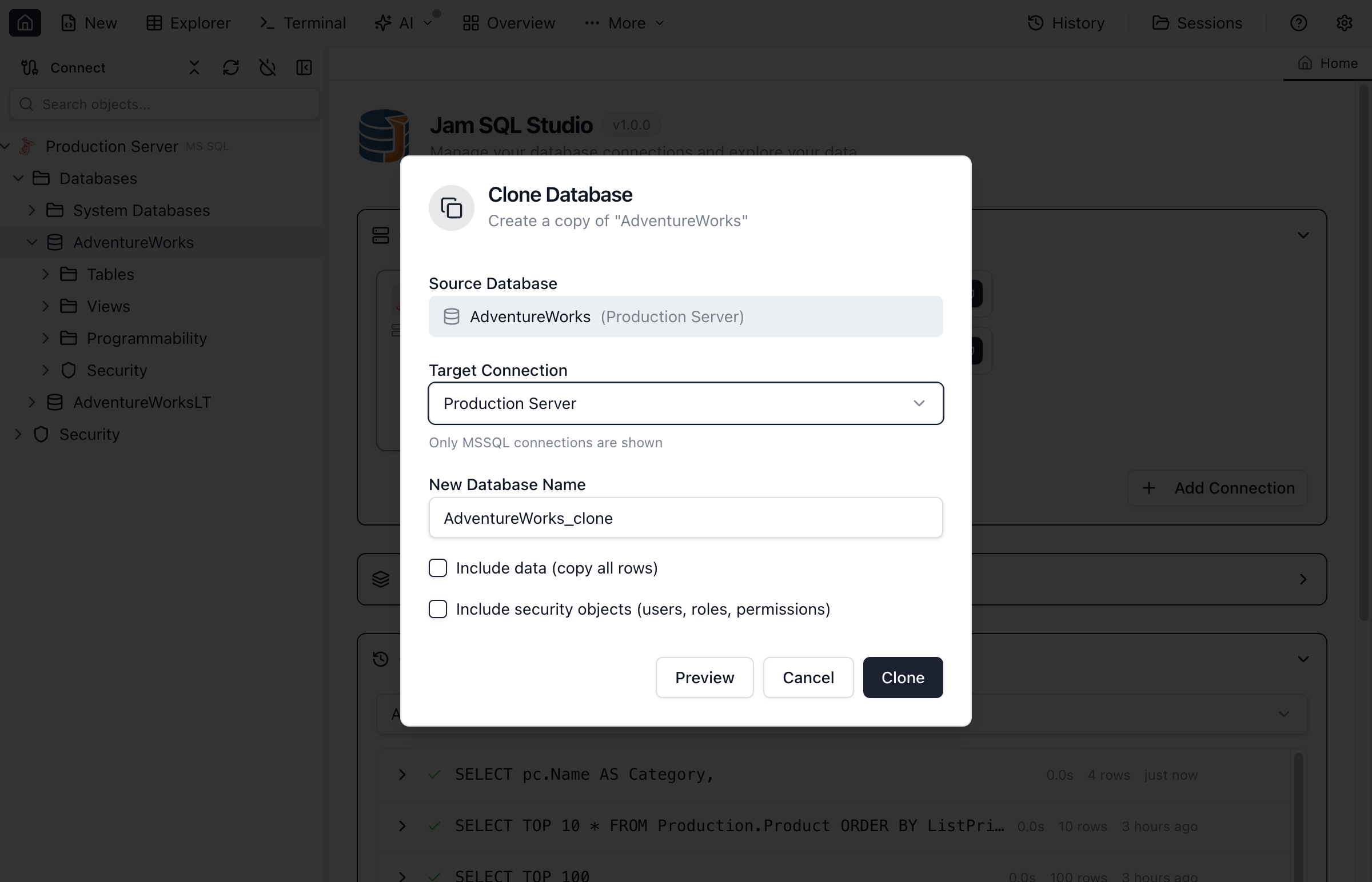 Clone Database dialog with name and options.