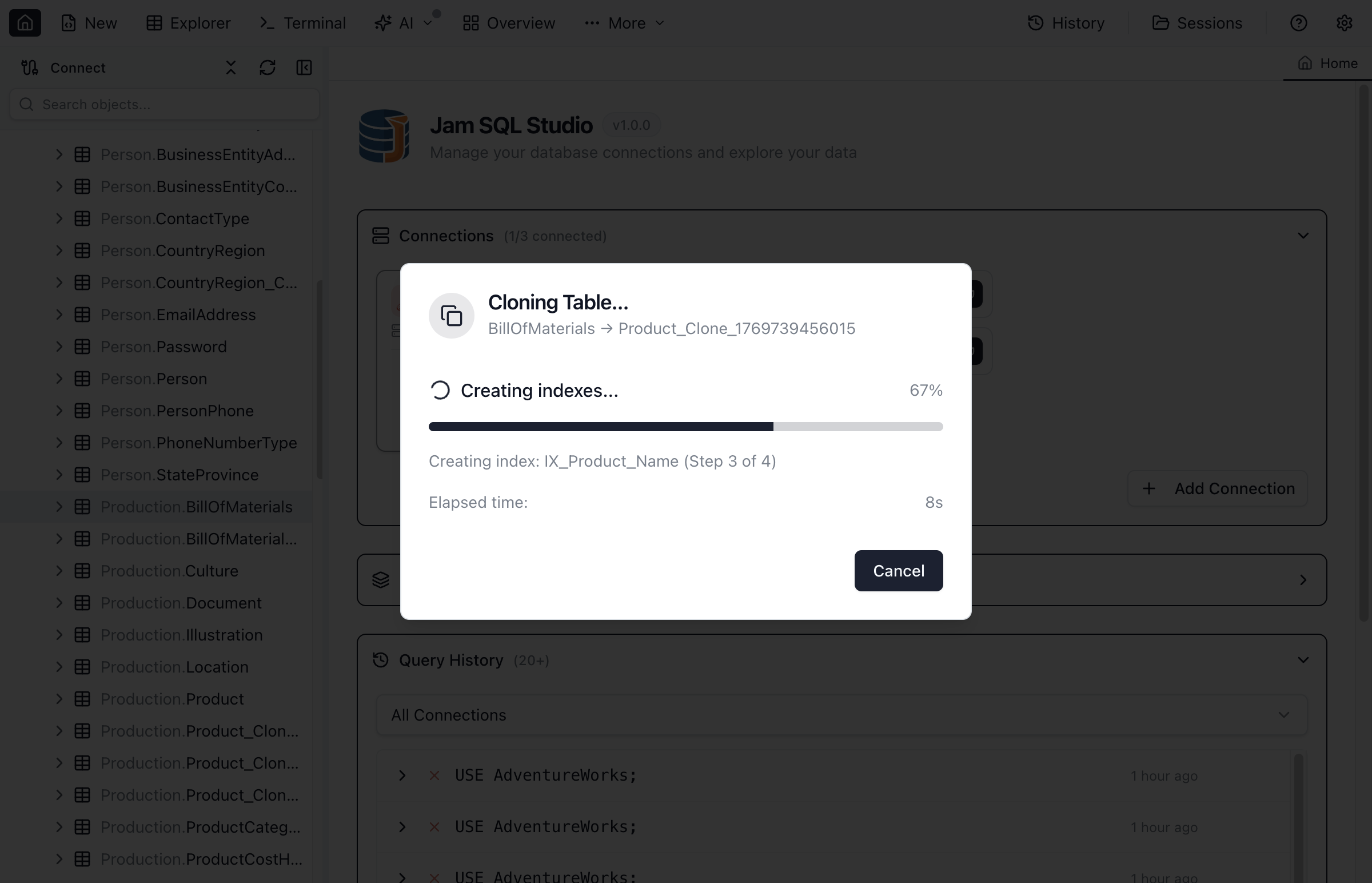 Clone operation progress showing current step and percentage.