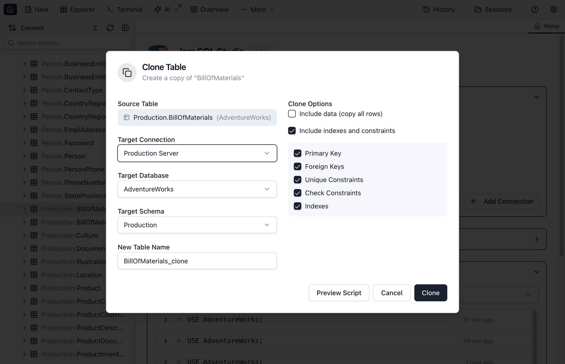 Clone Table dialog with name and inclusion options.