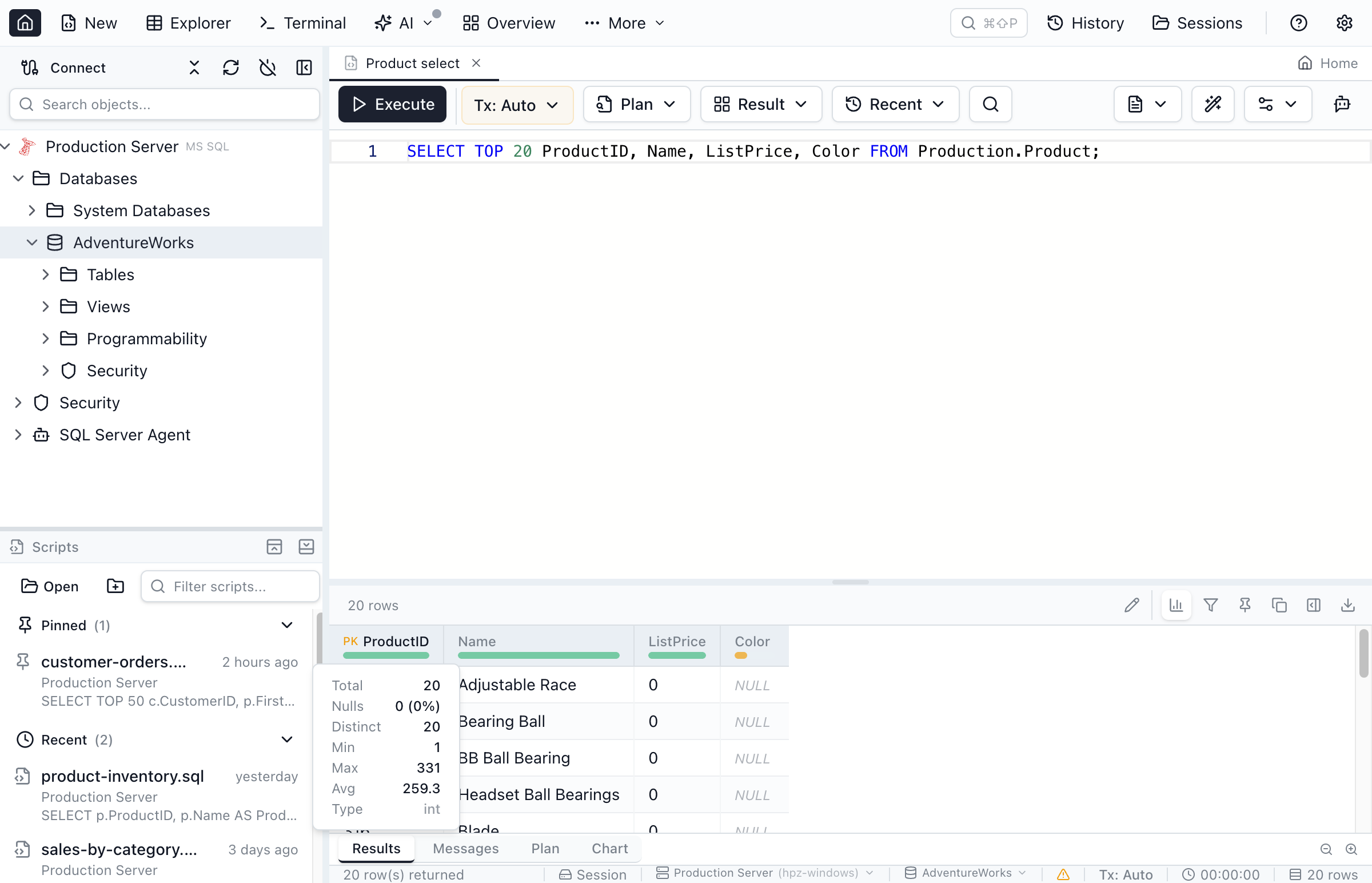 Column profiling badges showing null percentage bars and statistics tooltip.