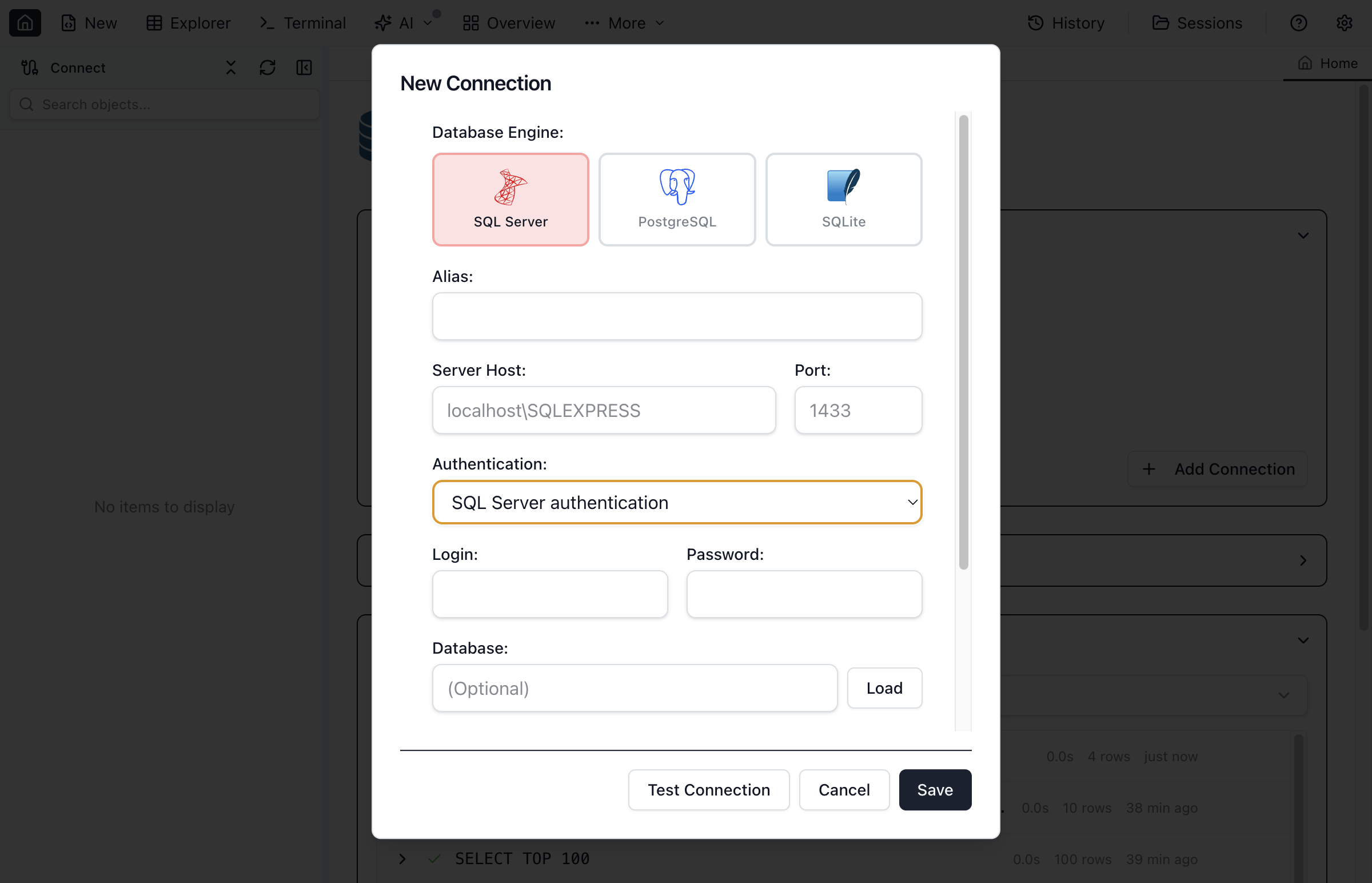 Authentication options showing SQL Server Authentication selected.