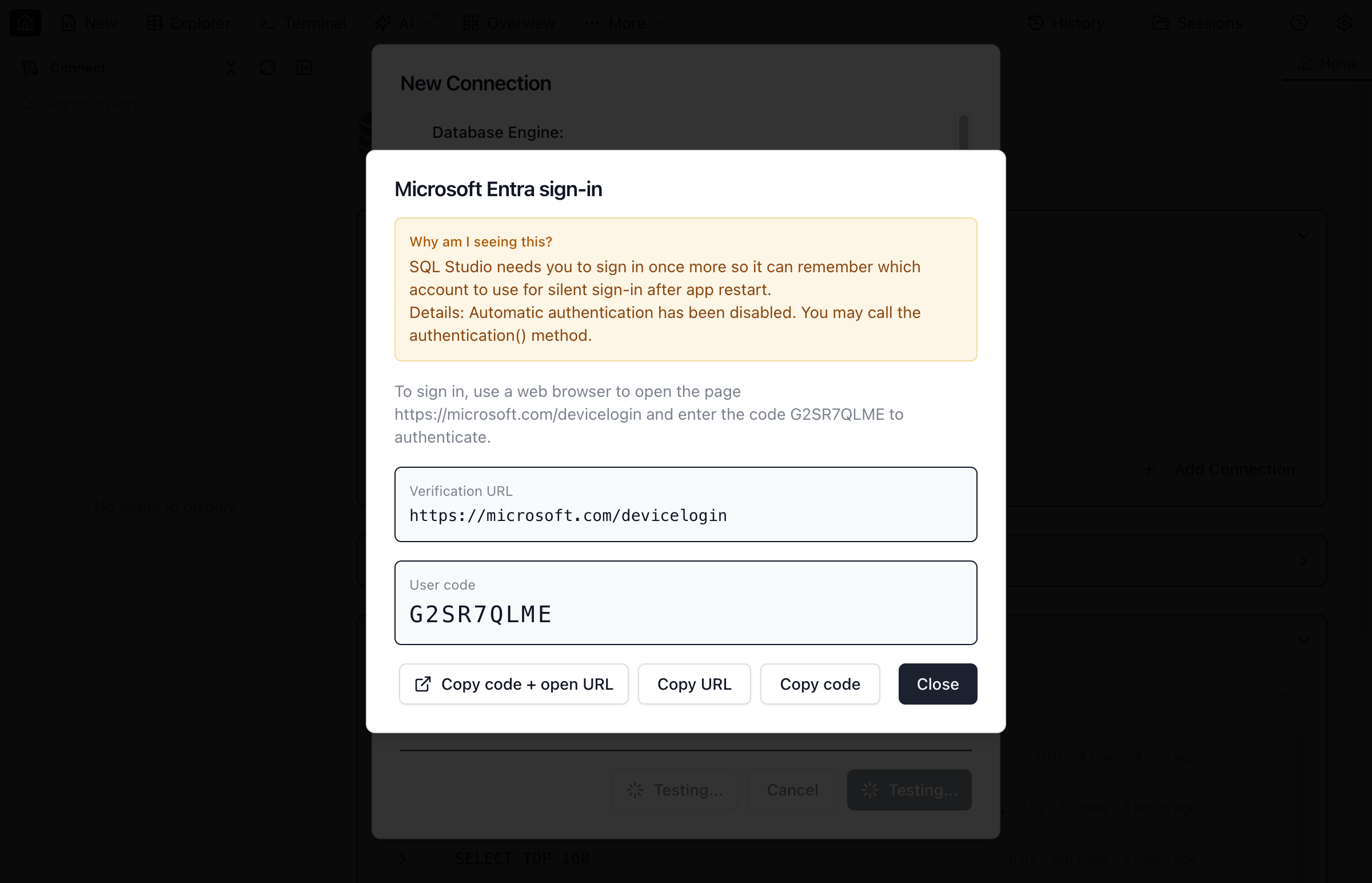Azure Entra ID authentication flow showing the sign-in prompt.
