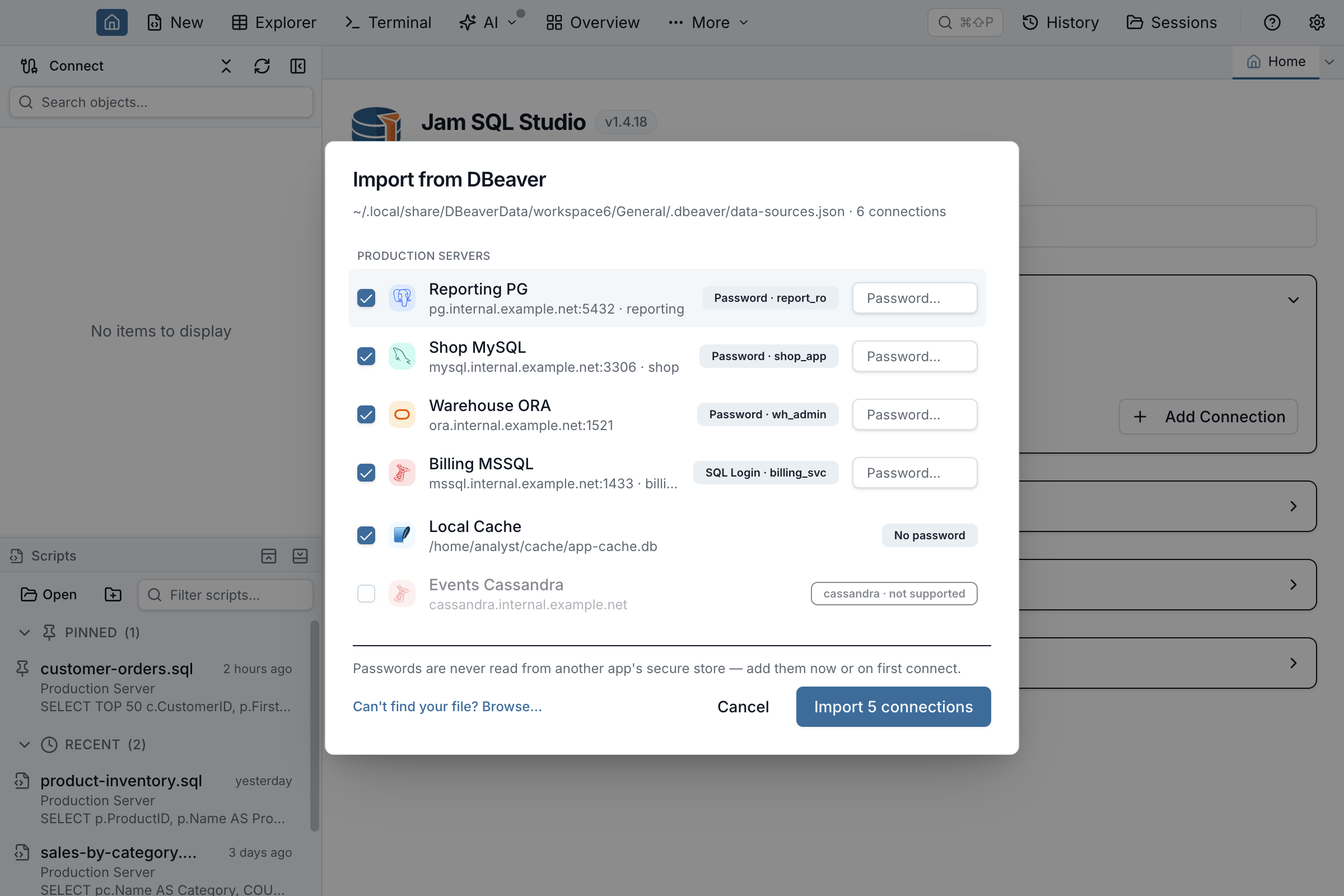 The Import from DBeaver review dialog listing PostgreSQL, MySQL, Oracle, SQL Server, and SQLite connections in one import, each with an auth badge, under a Production Servers group header, with an unsupported Cassandra row greyed out.