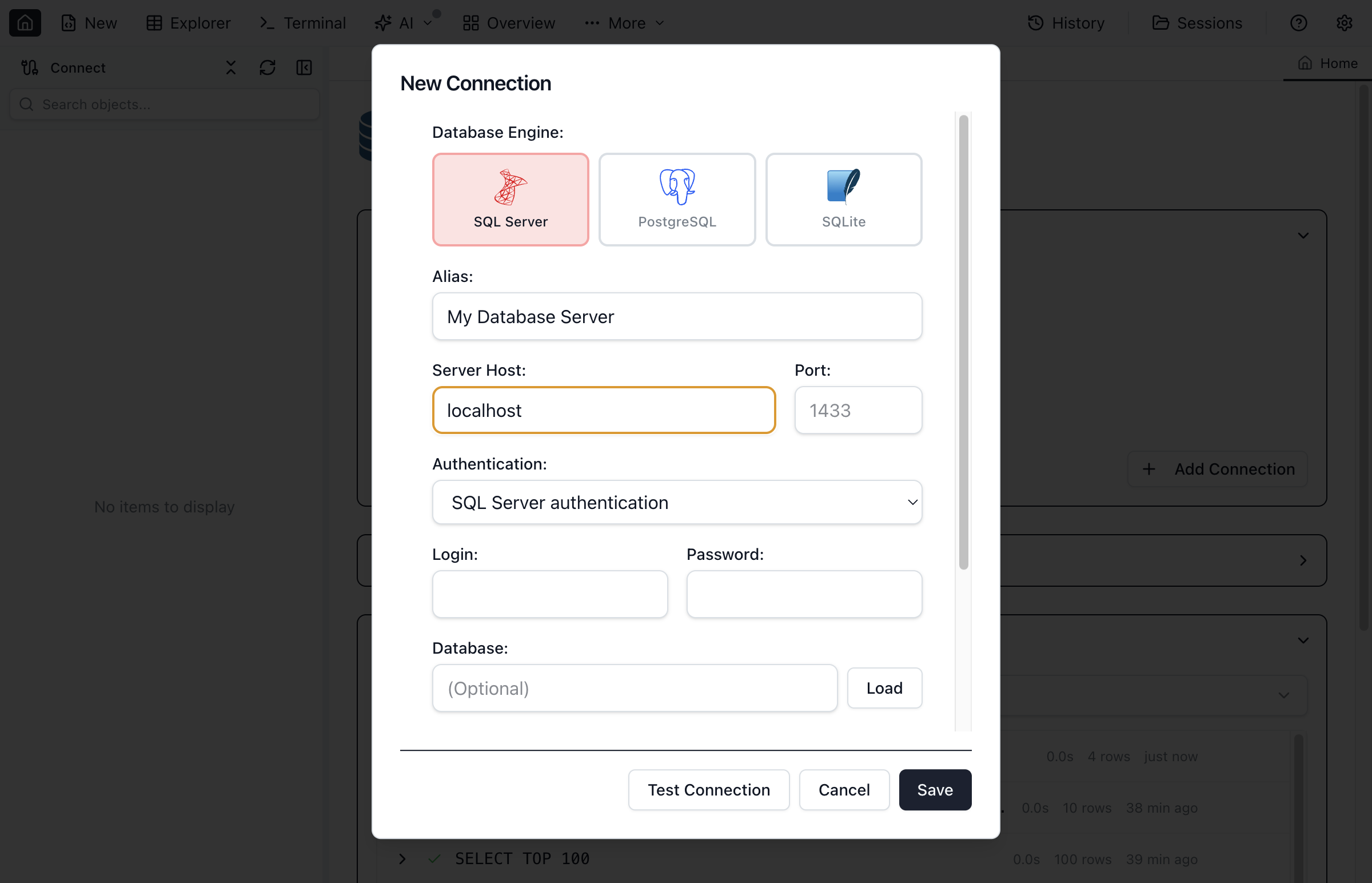 The New Connection dialog showing server address and authentication options.