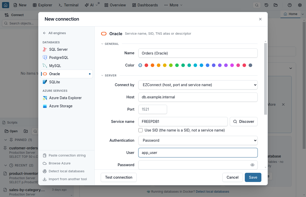 Jam SQL Studio New Connection dialog on the Oracle form: Connect by EZConnect, with a host, the default port 1521, the service name FREEPDB1 and a user filled in