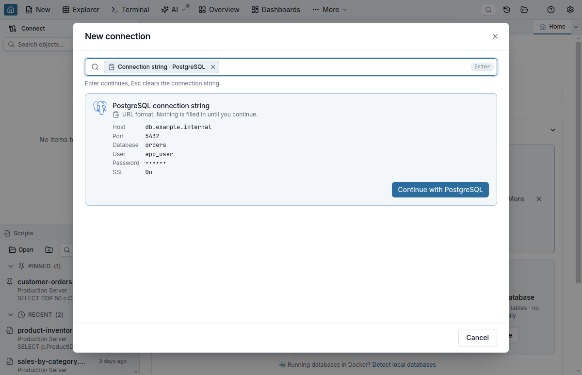 A PostgreSQL connection URL pasted into the New Connection dialog's filter, shown as a Connection string · PostgreSQL chip instead of the text, with a preview listing the Host, Port, Database, User and SSL it fills, the password shown as dots, and a Continue with PostgreSQL button.