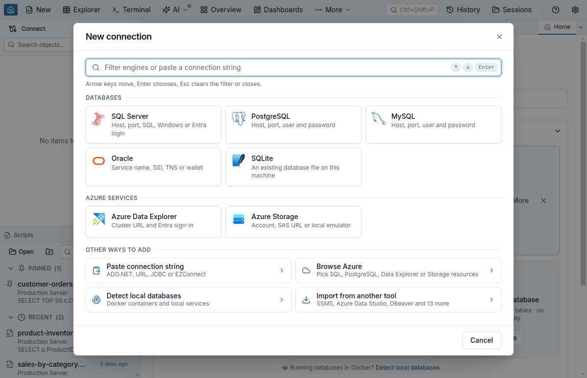 The New Connection dialog on its start view: a filter for engines or a pasted connection string, engine cards grouped as Databases and Azure services, and the other ways to add — Paste connection string, Browse Azure, Detect local databases and Import from another tool.