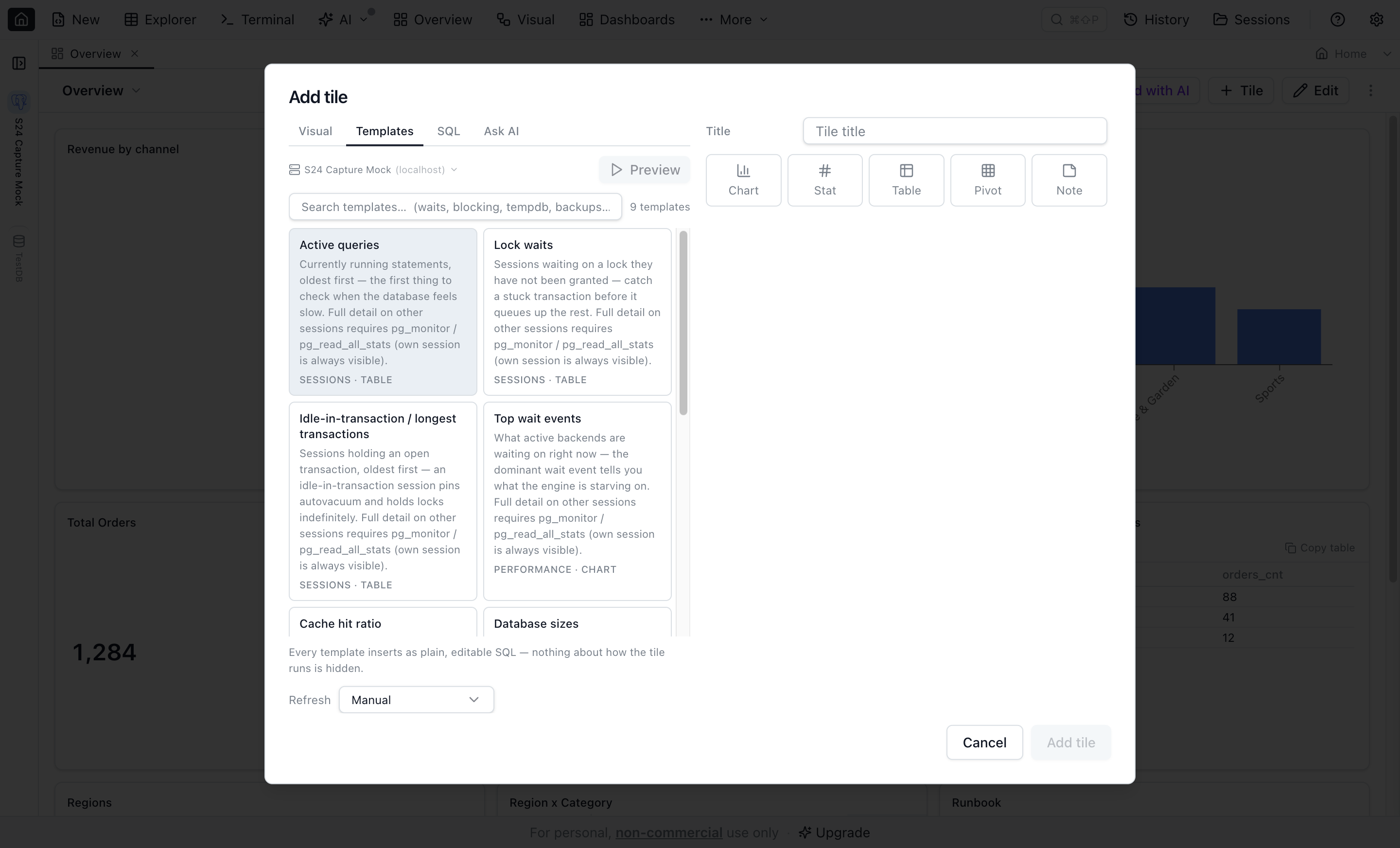 The Add Tile dialog's Templates tab listing per-engine monitoring templates with search.
