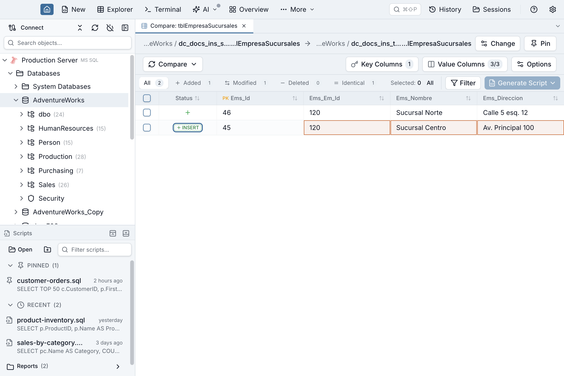 The same Data Compare results with the Row Diff panel closed and the grid back at full width: the overridden row still carries its green plus INSERT badge in the Status column, focused so the badge reads as a button