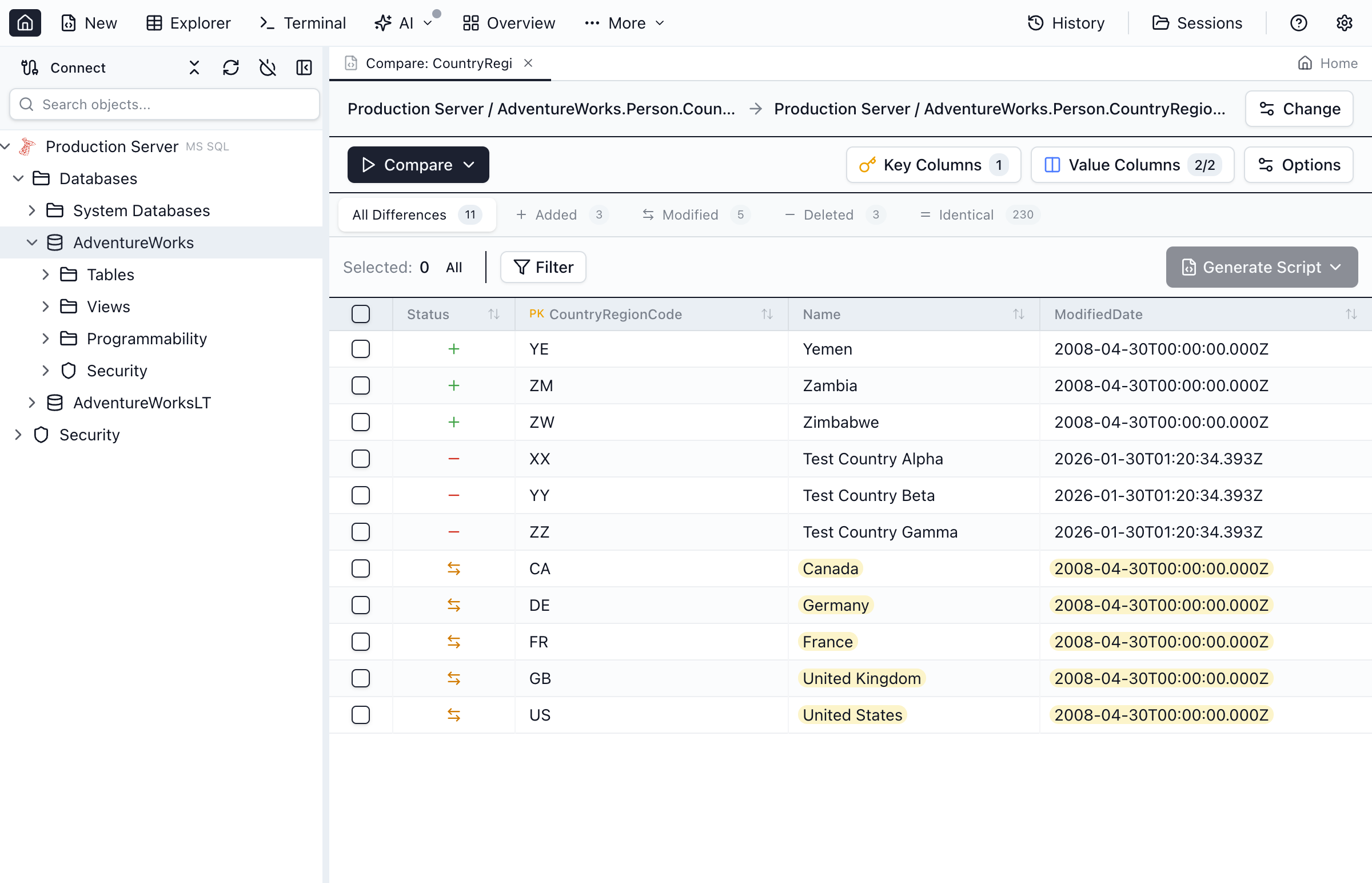 The Data Compare grid view showing row differences with color-coded status indicators.