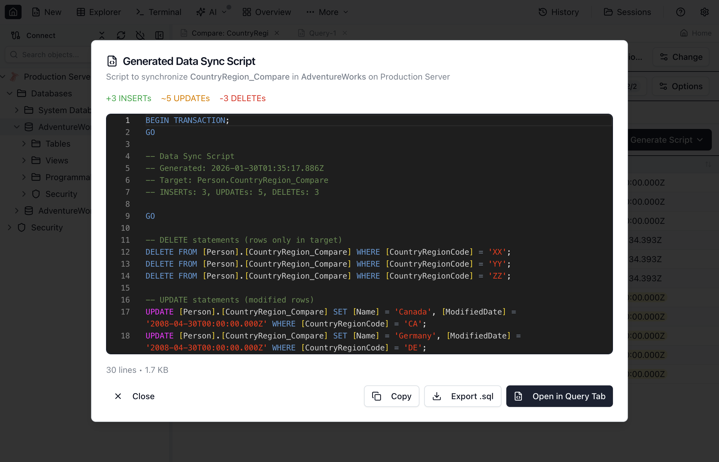 The script preview showing generated INSERT, UPDATE, and DELETE statements for data synchronization.
