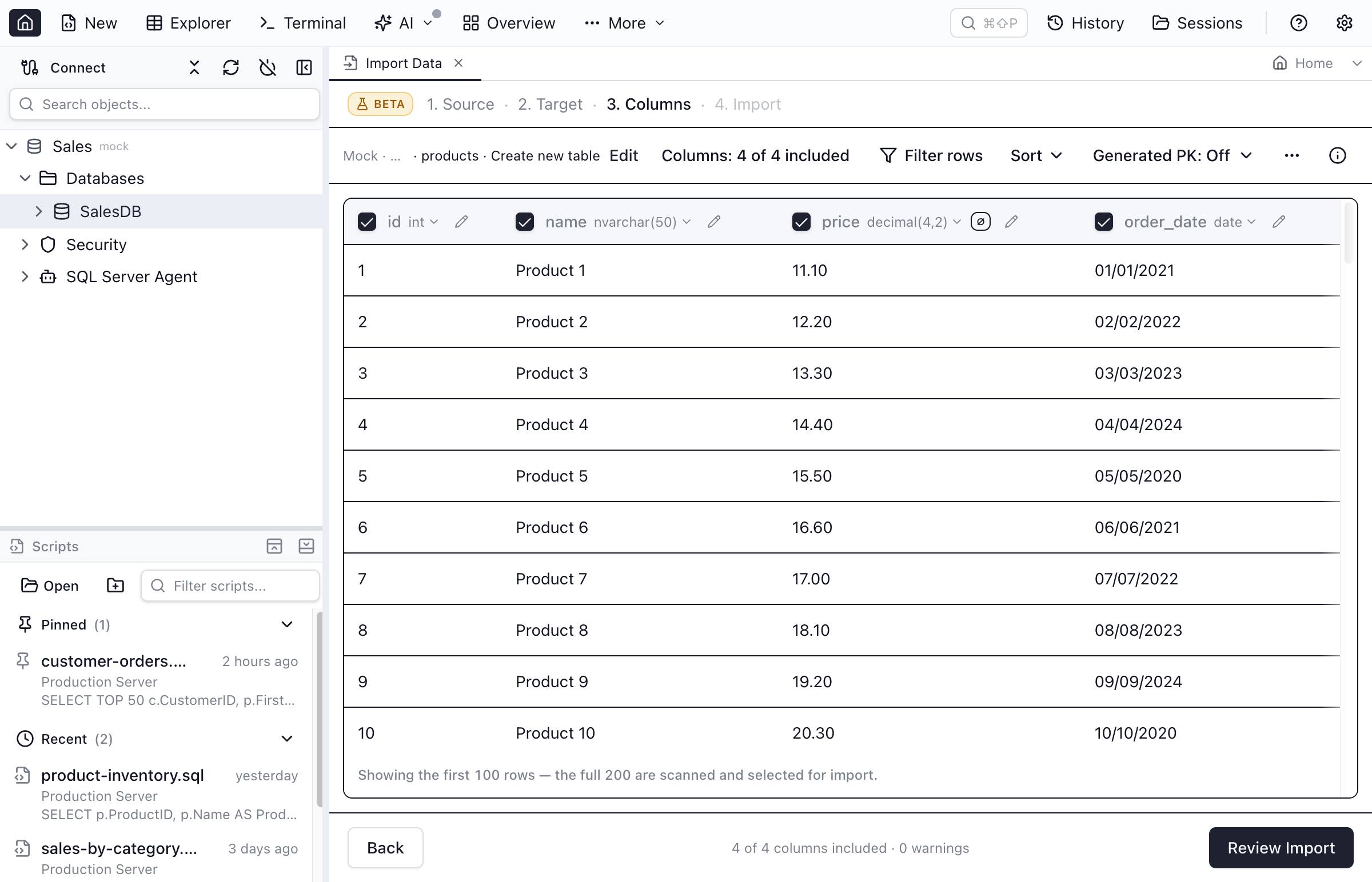 Data Import wizard Columns step showing the mapping grid with per-column include checkboxes and editable target types under a single command bar with a coverage-status chip.