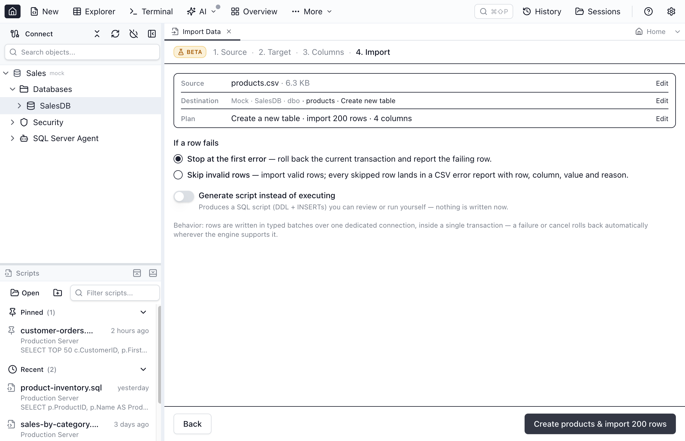 Data Import wizard Import step review card summarizing source, destination, and plan, with the error-policy choice and a Generate script instead of executing toggle.