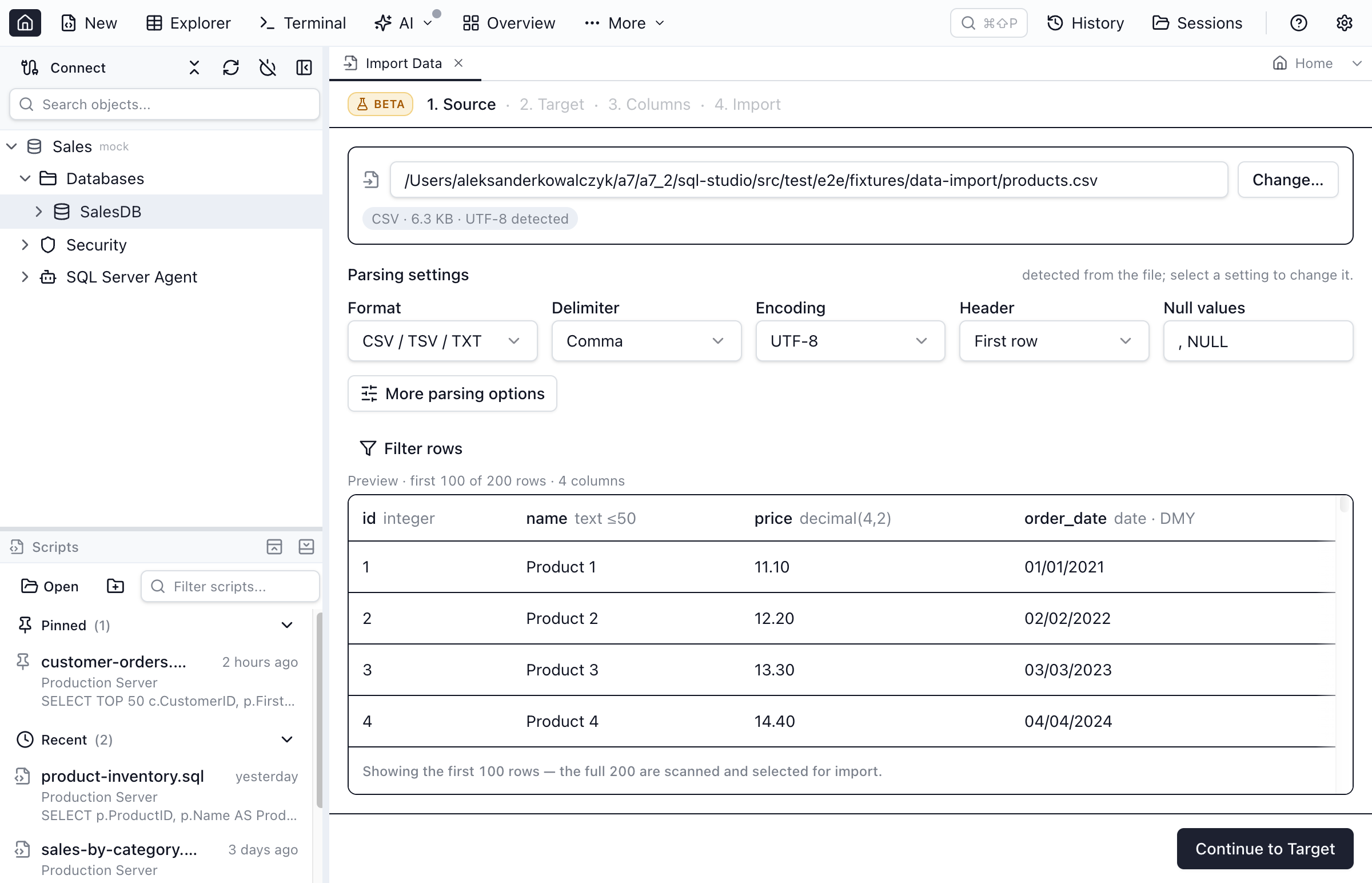 Data Import wizard Source step showing a CSV parsed into a capped preview grid with detected column kinds, alongside the parsing-options panel with delimiter, header, and encoding controls.