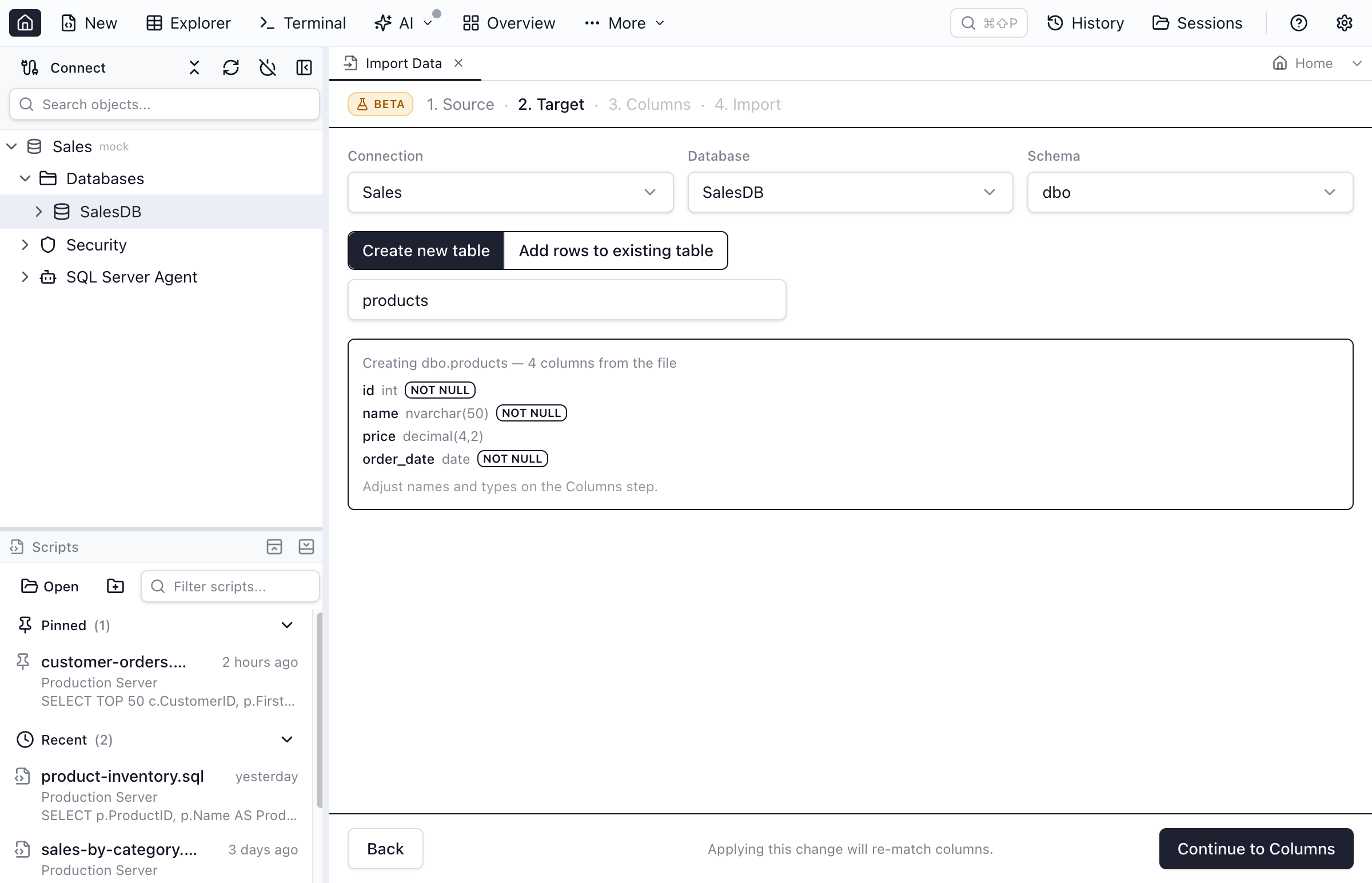 Data Import wizard Target step with the destination form set to Create new table and a live schema preview listing the columns and engine-native types of the table about to be created.