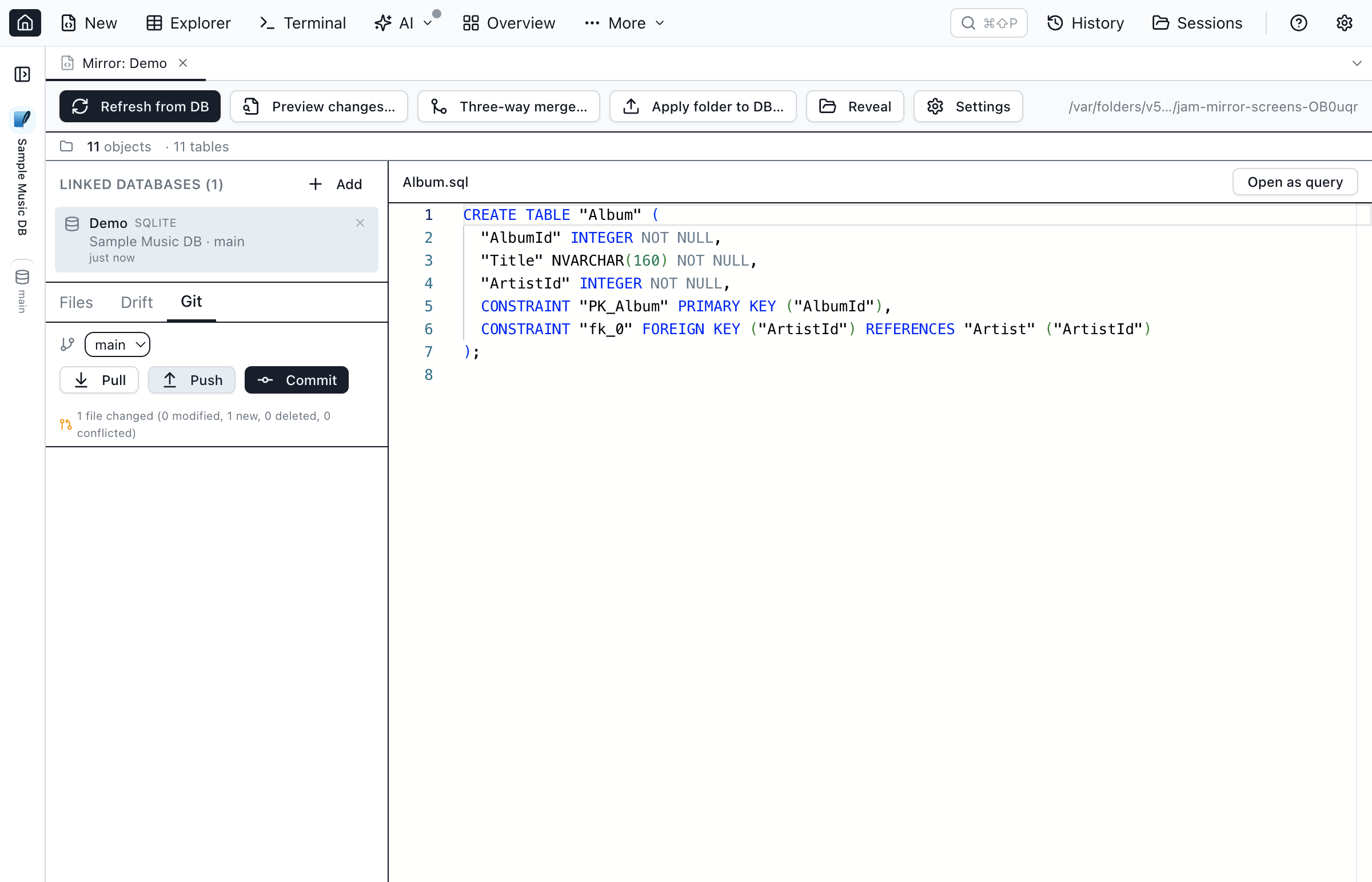 Database Blueprint Git panel inside the workspace tab showing branch selector, ahead/behind counts, commit/pull/push buttons, and a summary of modified files