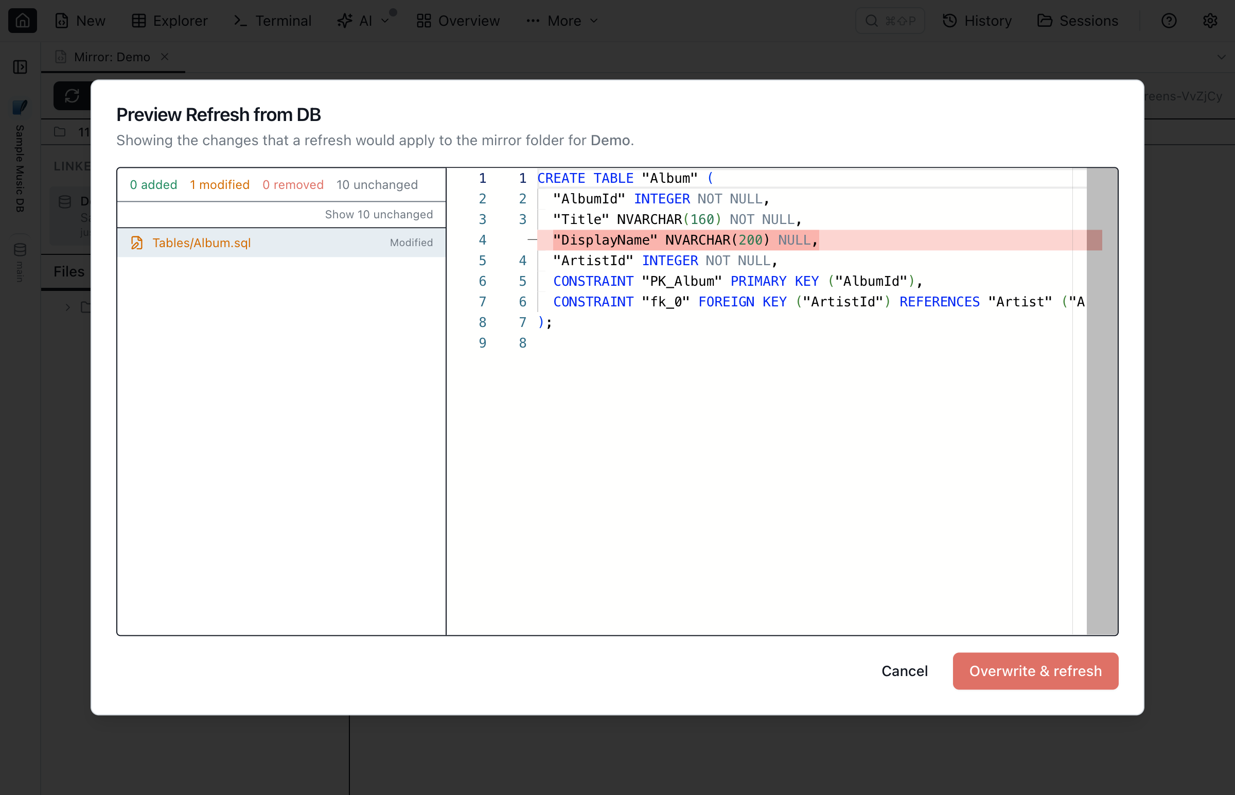 Database Blueprint Preview changes dialog with a side panel listing modified files and a Monaco diff editor showing the difference between the local file and the next emit