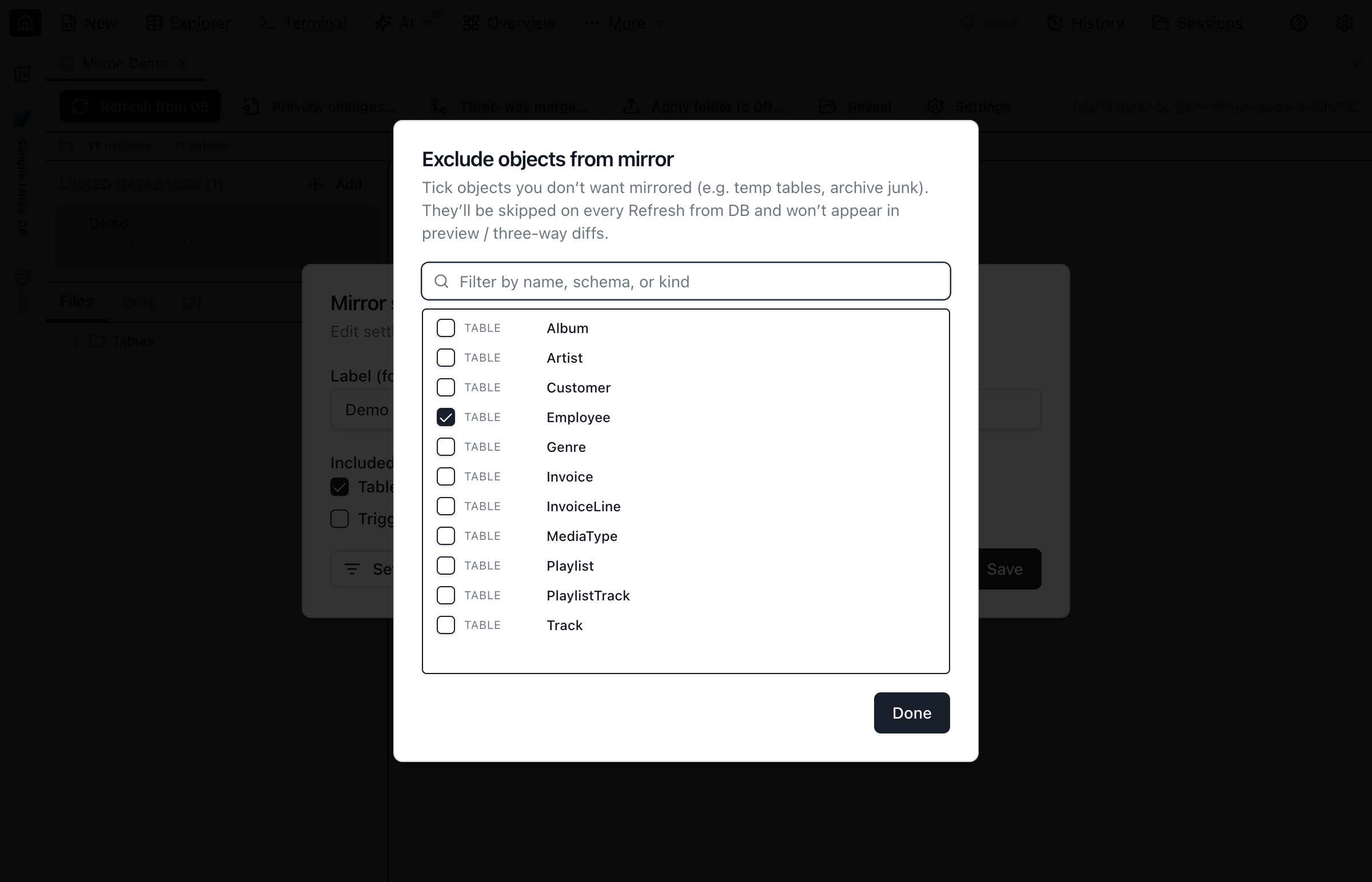 Database Blueprint Exclusion picker sub-dialog opened from the Setup dialog footer, with a filter input at the top and a scrollable list of candidate tables and views with checkboxes — one row pre-ticked to show the exclusion state