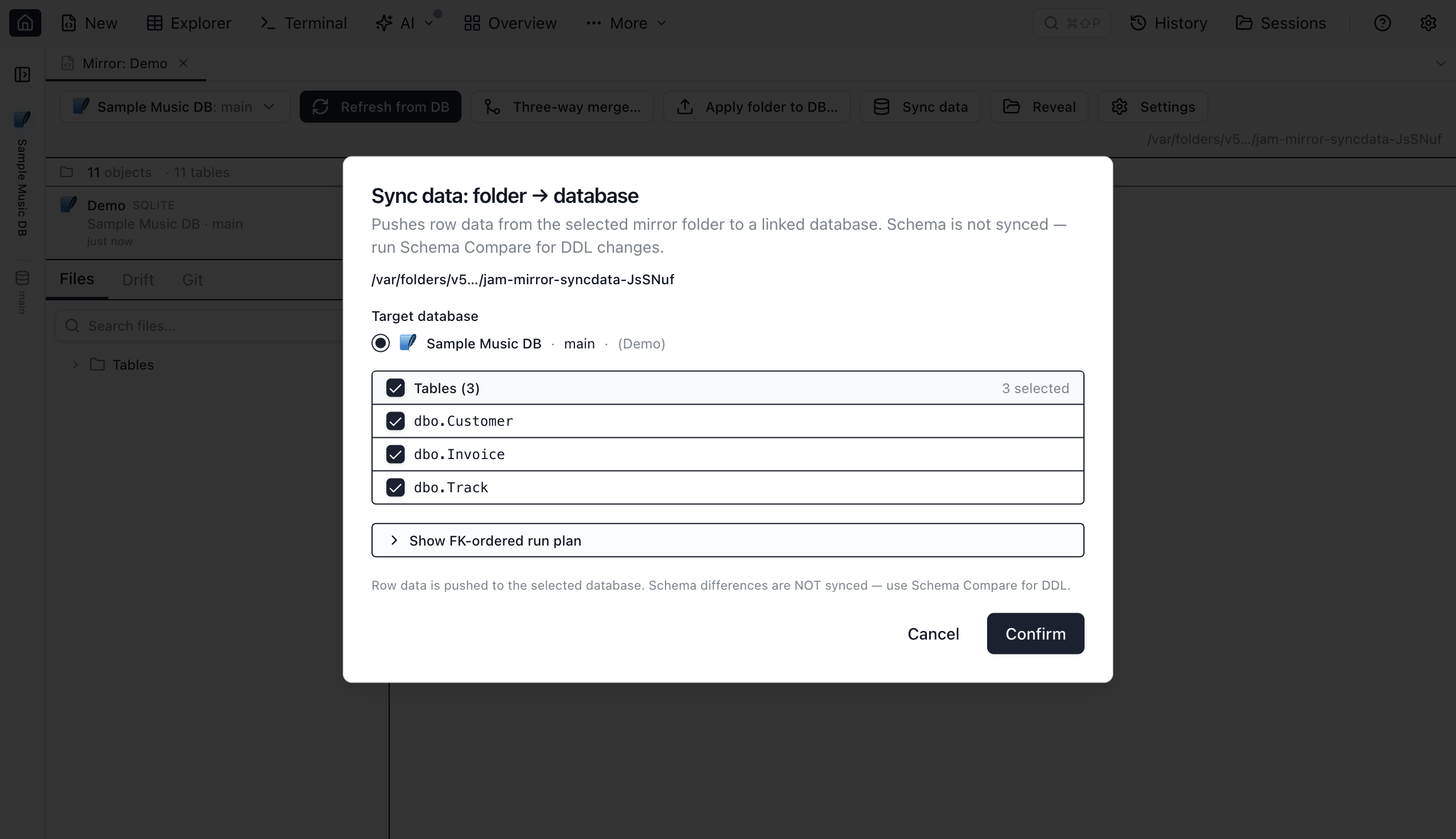 Database Blueprint Sync Data dialog showing a target-database radio picker, a checklist of three blueprint-dataed tables all pre-ticked, and Cancel / Confirm actions in the footer