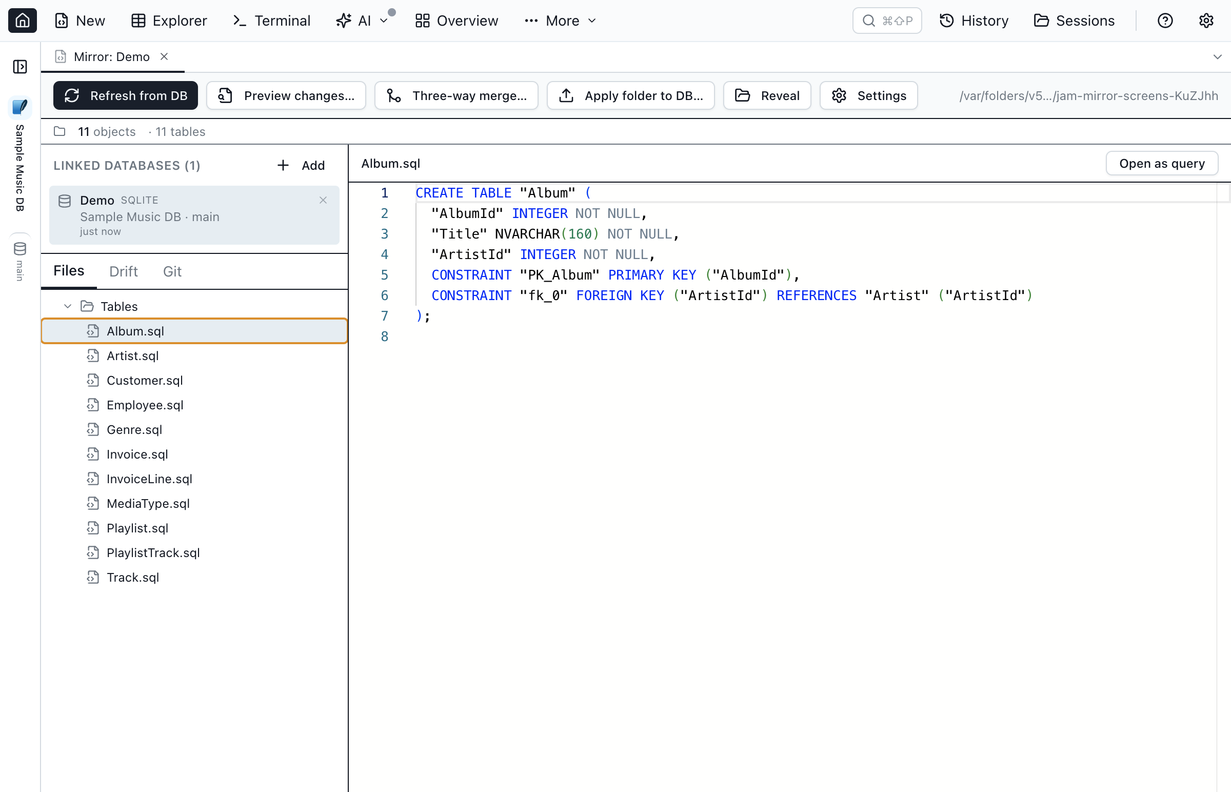 Database Blueprint workspace tab in Jam SQL Studio with a folder of .sql files on the left and a CREATE TABLE script in the read-only peek viewer on the right