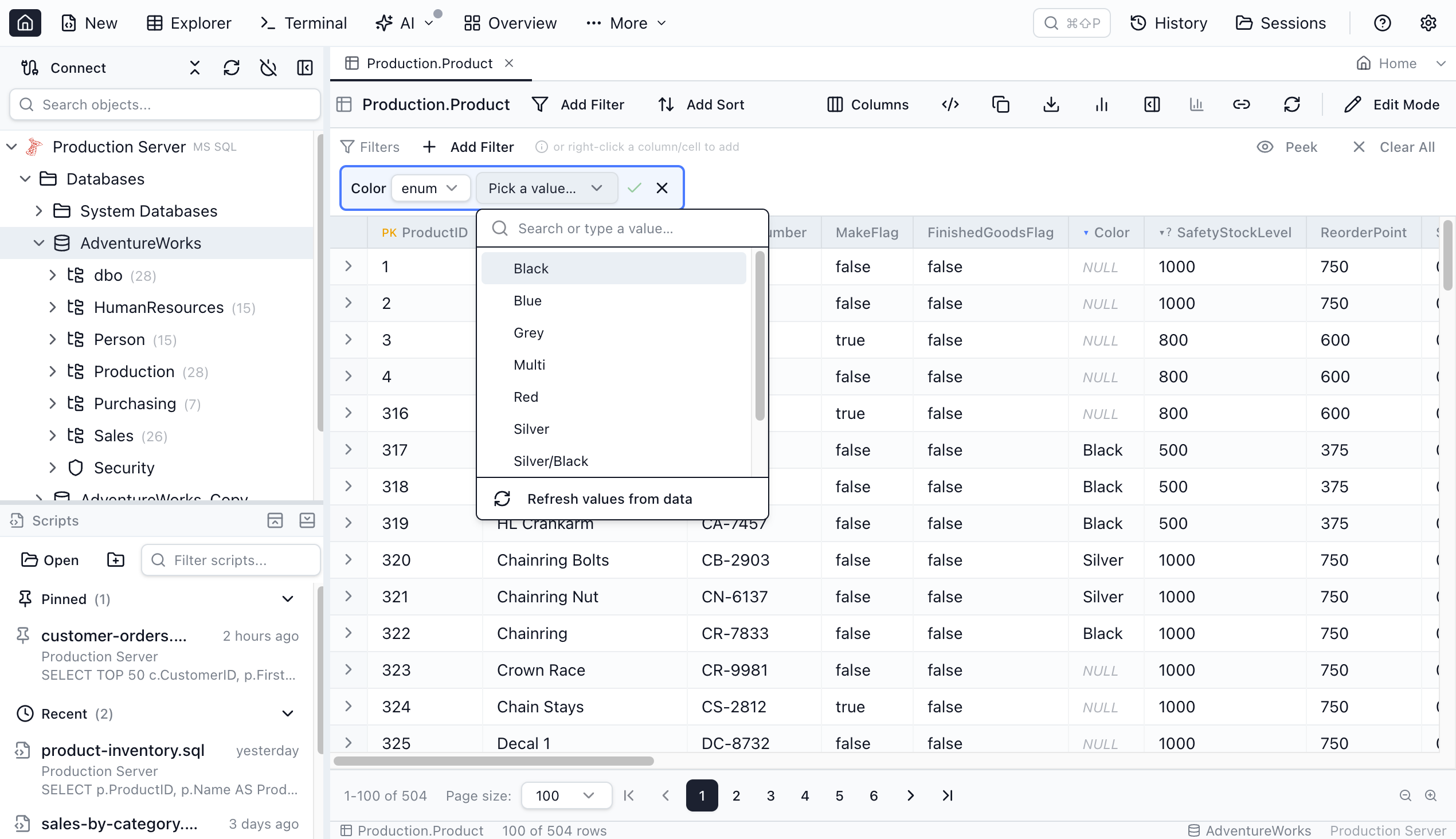 Table Explorer Color filter chip set to the enum operator with the value picker dropdown open, listing the column's distinct color values over the data grid