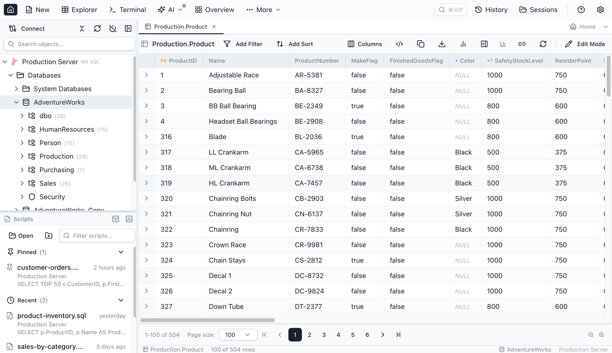 Table Explorer column headers on the Product table showing a blue triangle glyph on the declared enum column alongside gray triangle-question-mark glyphs on enum-eligible columns